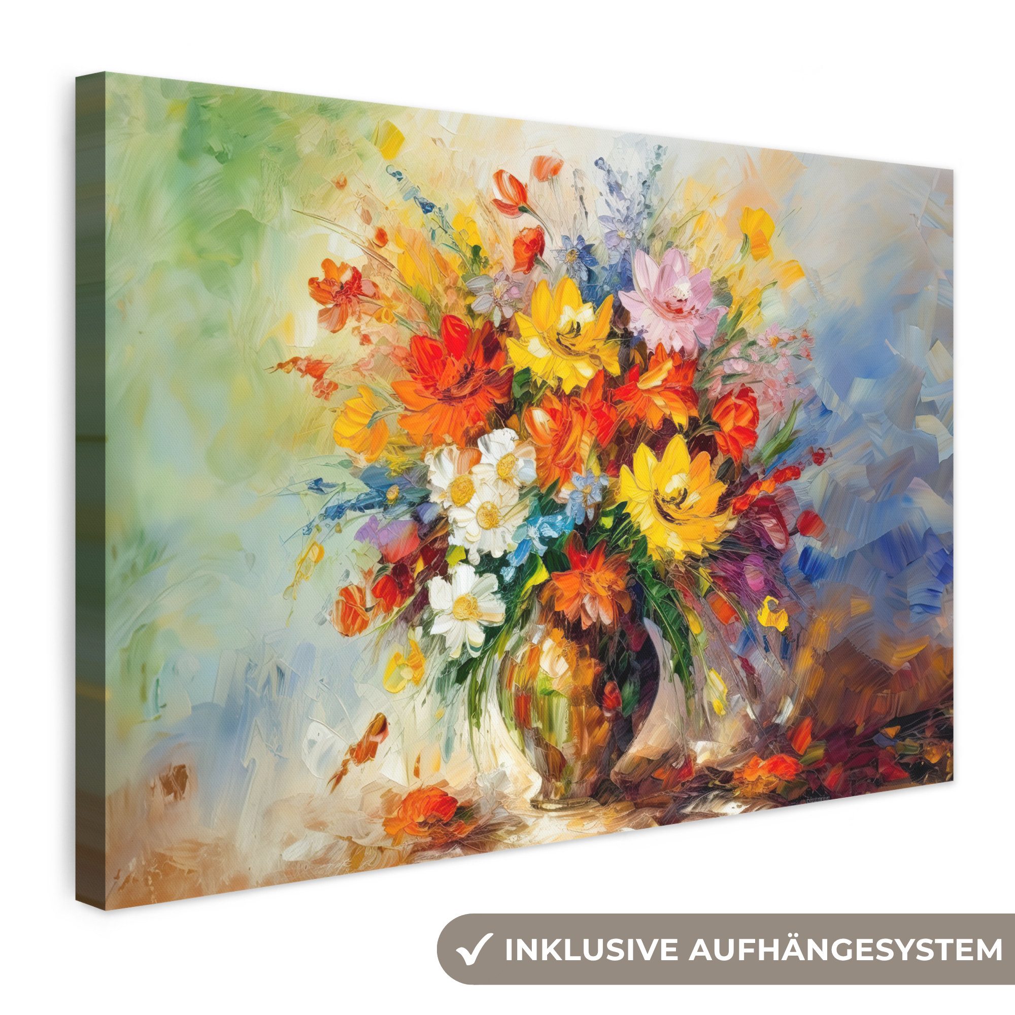 OneMillionCanvasses® Leinwandbild Blumen - Bunt - Ölfarbe - Blumentopf, Fotodruck (1 St), Leinwand Bilder Klein, Wand Dekoration Aesthetic 30x20 cm