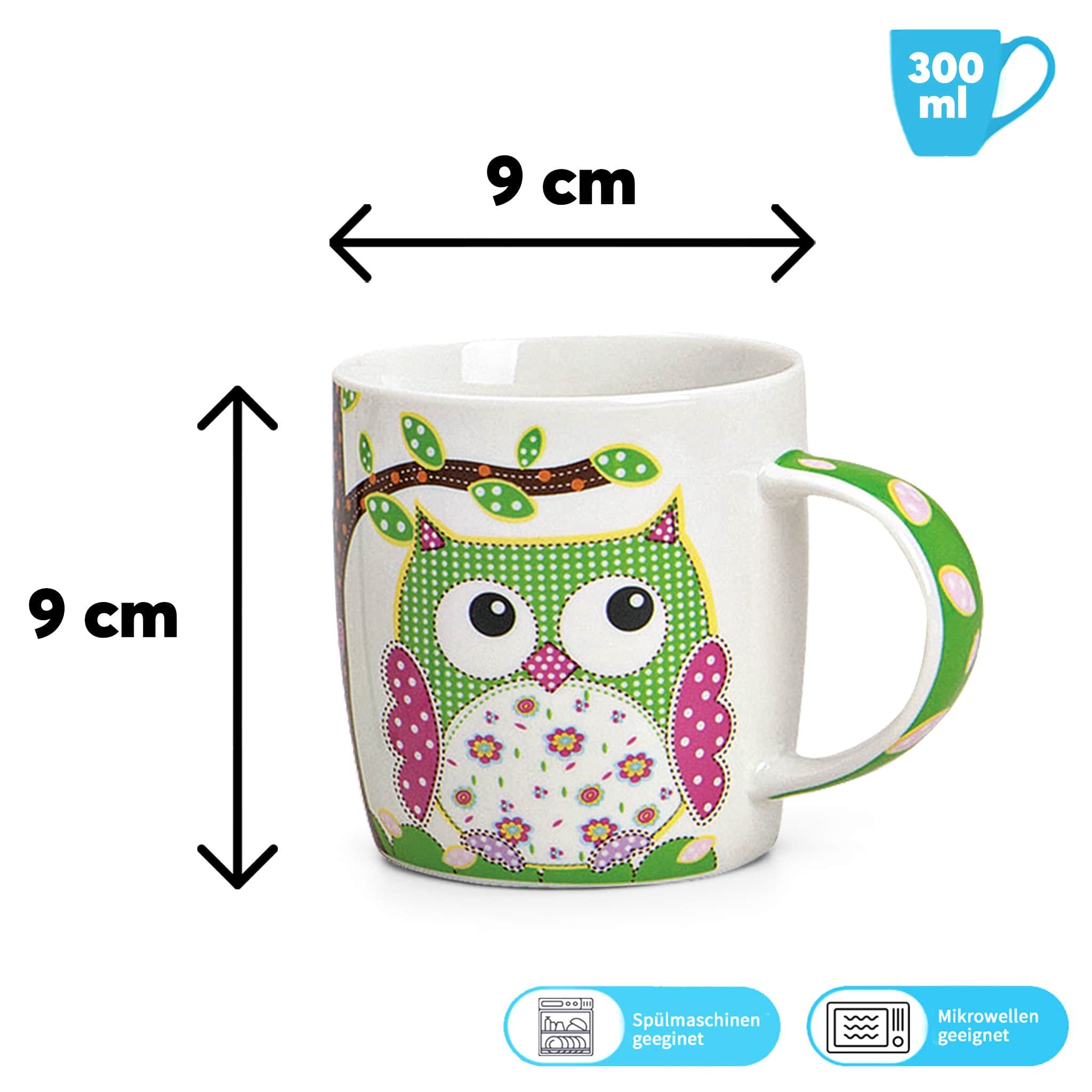 matches21 HOME & HOBBY Tasse Süsse Kaffeetassen 4er Set lustige Eulen gepunktet, 4-tlg., Porzellan, Tee Kaffee-Becher, modern, weiss bunt, 300 ml