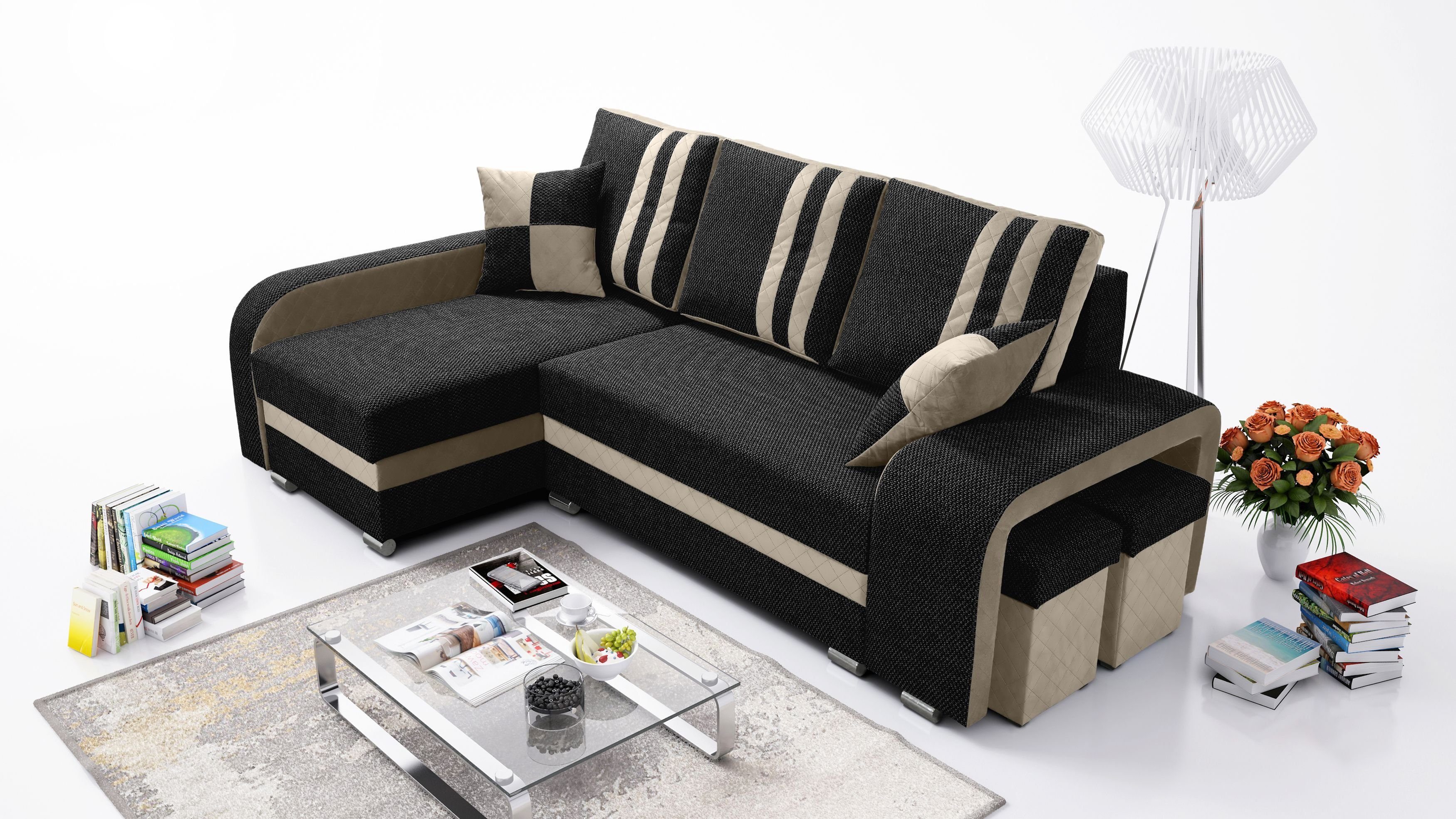 Ecksofa York mit Hocker Kissen Ecksofa Schlafcouch Kleine Eckcouch BLACK+CREAMY robin