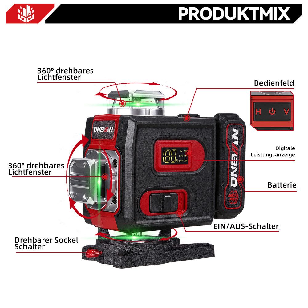 ONEVAN Kreuzlinienlaser + Stativ mit 2 x 4,8Ah Akkus, Laserwasserwaage, (1 St), Selbstnivellierender Baulaser, Bluetooth-App, Fernbedienung, IP54