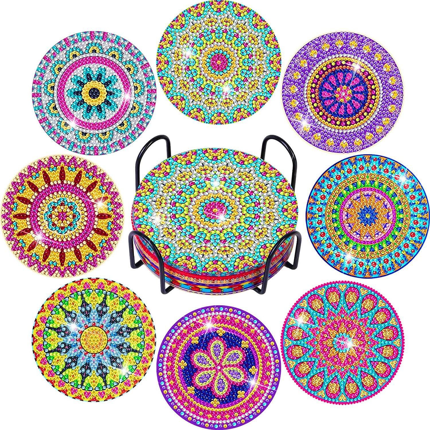 FOUORTUNATE-BEE Kreativset Diamantmalerei Untersetzer Set 8tlg DIY Bastelset mit Halter, Bastelset Untersetzer für Kinder Erwachsene Geschenk DIY Deko