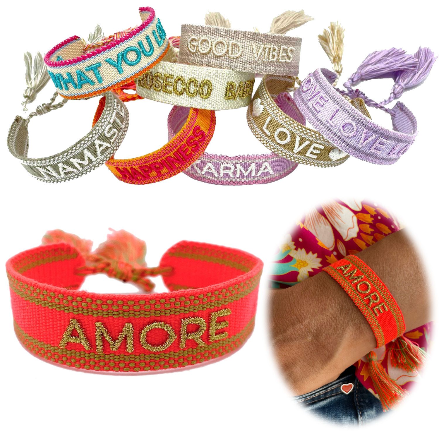 LS-LebenStil Armband Canvas Statement Armband Amore Neon Gold Quasten bestickt (Baumwollarmband Webarmband Armbandliebe Freundschaftsarmband Freundschaftsband Partnerarmband, 1-tlg., textil geflochten gewebt - hochwertiger gestickter Spruch), perfekt als
