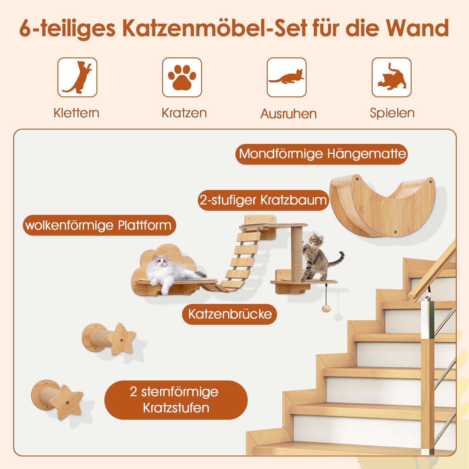 KOMFOTTEU Kratzbaum Kletterwand, mit Hängematte, 2 Kratzstangen, 2 Plattfor günstig online kaufen