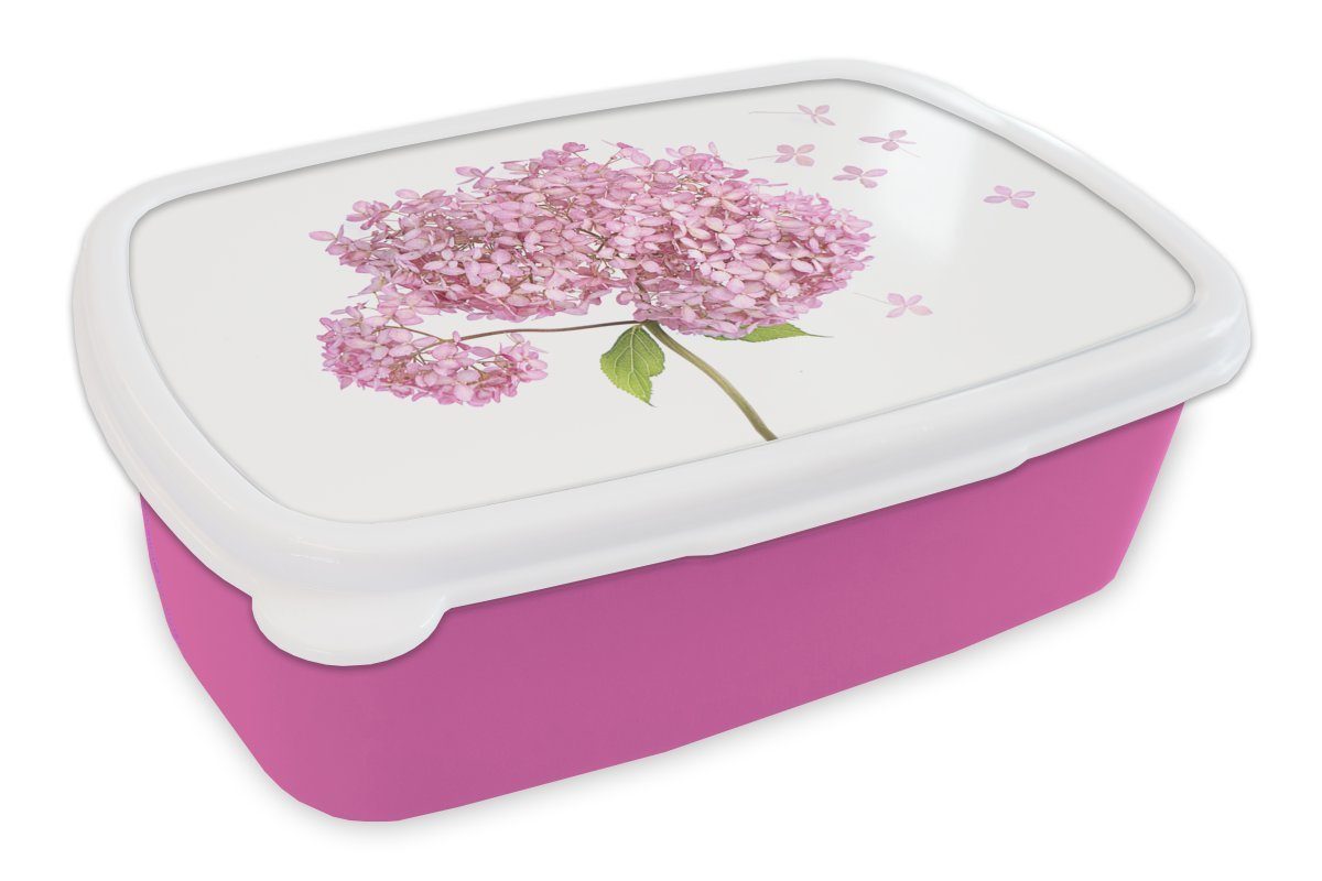 MuchoWow Lunchbox Nahaufnahme Hortensie Snackbox, Mädchen, Brotbox (2-tlg), weißem Kunststoff, rosa Kunststoff Brotdose auf Hintergrund, Erwachsene, Kinder, für