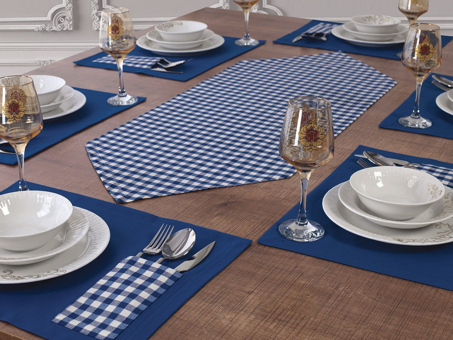 Ekershop Tischläufer und 6 Platz-Matten Set Tischset Platzset Platzdecken Blau Kariert (Kariert)