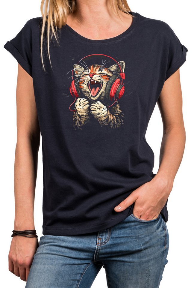 MAKAYA T-Shirt Lustiges Katzenshirt für Damen – Musik Katze mit Kopfhörern (Schwarz, Blau, Dunkelgrau, 34, 36, 38, 40, 42, 44, 46, 48, 50) Baumwolle