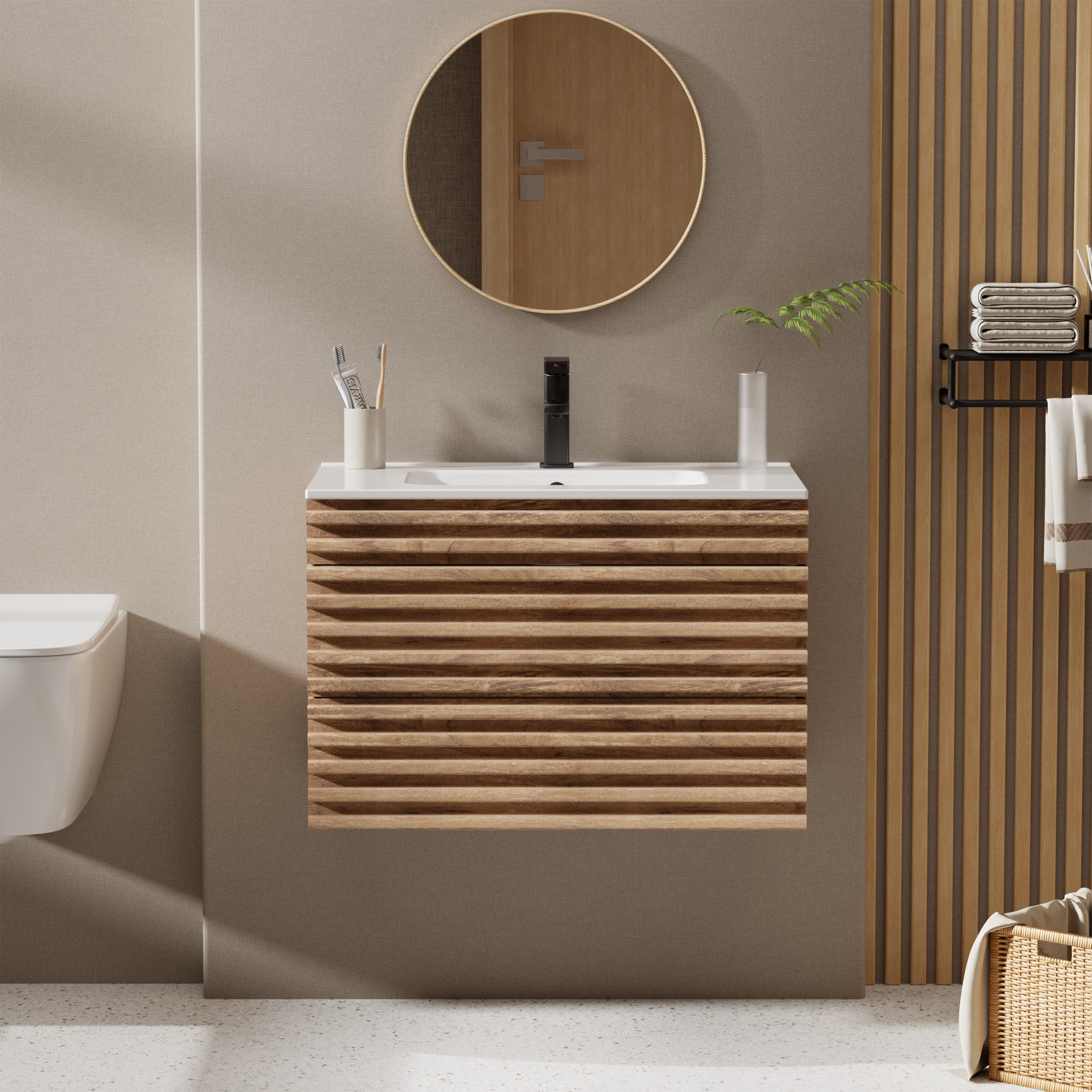 UEV Waschtisch mit Unterschrank, natur, 60cm/75cm/90cm hängend, Badezimmerschrank (Waschtischunterschrank, Badmöbel für Gäste WC, Natur, mit Wasserhahn und Pop-up-Ablassventil), Soft-Close-System, Unterschranke fürs Bad,Waschplatz