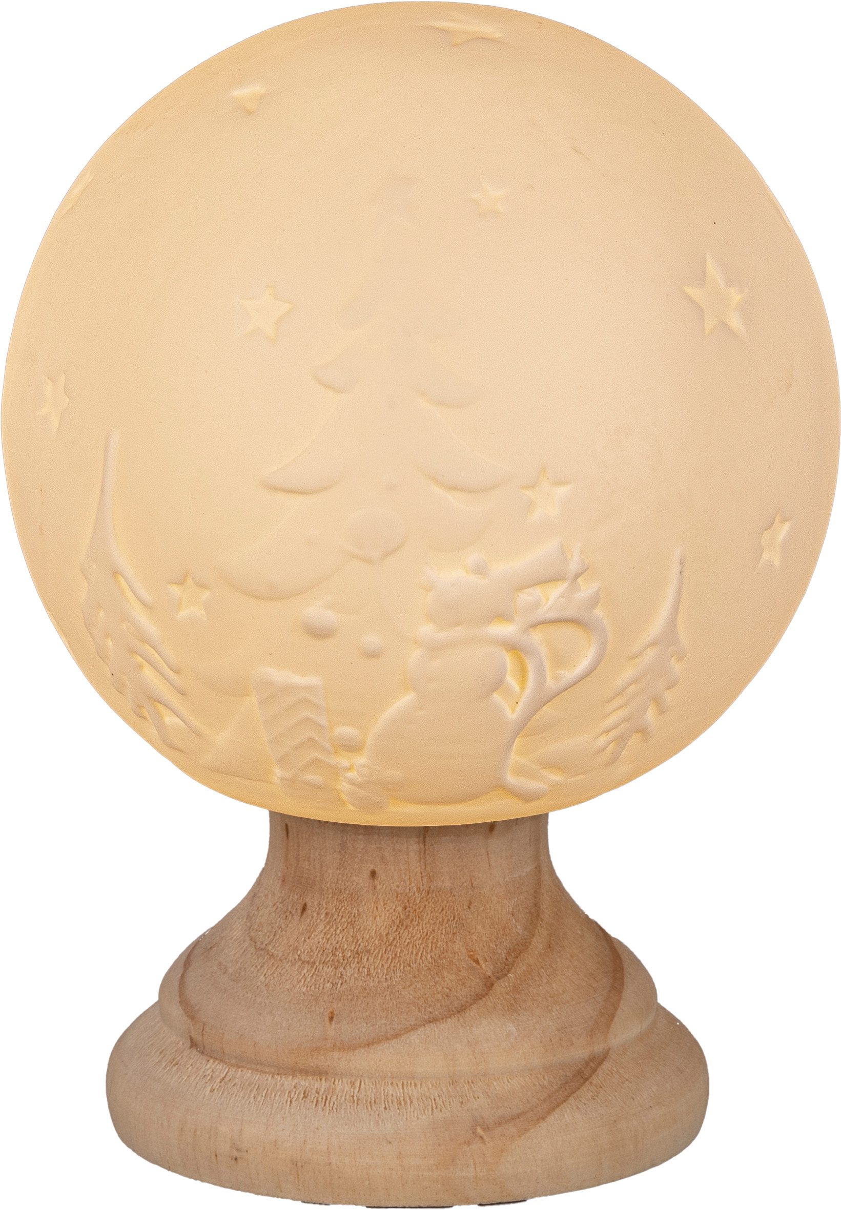 HGD Dekoobjekt LED-Kugel aus Keramik mit Holzsockel - mit warmweißem Licht, Ideal als Dekoration für die Herbstzeit und winterliche Entspannung