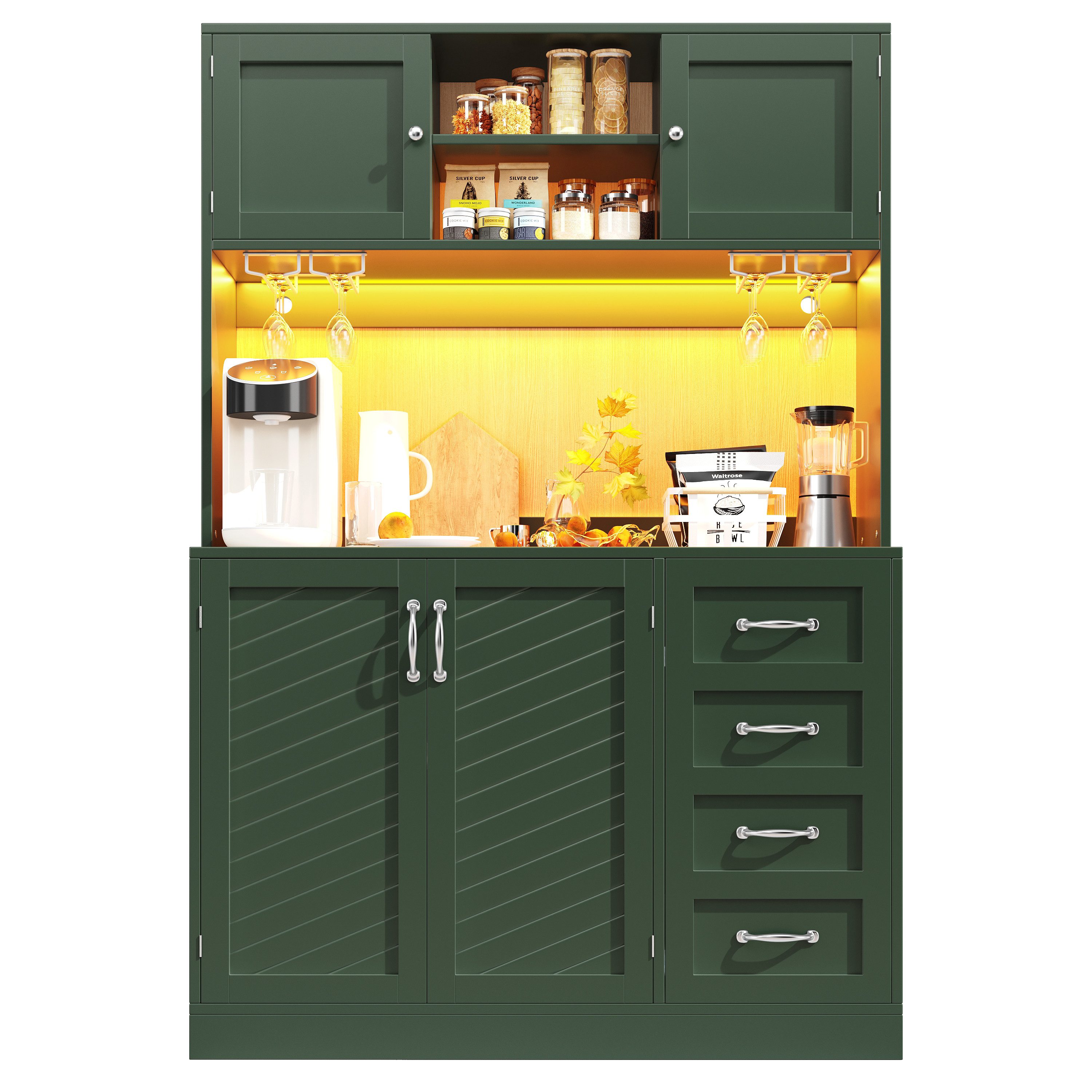 OKWISH Hochschrank Seitenboard (mit LED-Beleuchtung, Snackregal & Getränkehaltern, 4 Türen & 2 große Schubladen, 1-St., 120*40*188cm(L x B x H)