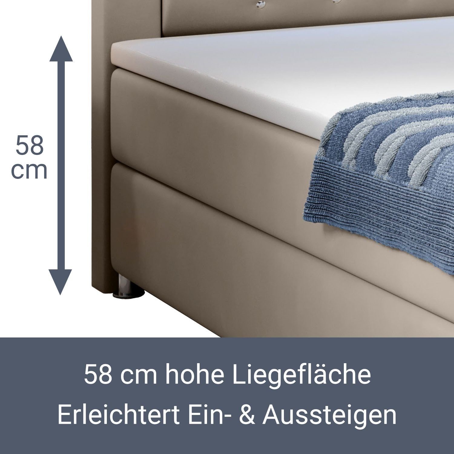 Bonell-Federkernmatratzen, Topper, LED-Beleuchtung Vancouver, Beige Boxspringbett cm, 120x200 Juskys