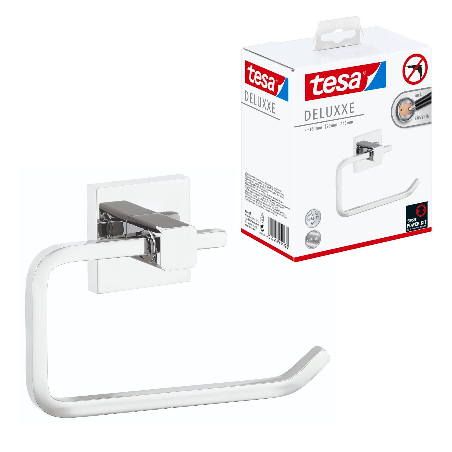 tesa Держатели для туалетной бумаги DELUXXE WC-Rollenhalter ohne Bohren - 10,1 cm : 16,0 cm : 4,5 cm (Packung, 1-St., inkl. Klebelösung), selbstklebender WC-Rollenhalter - chrom - silber glänzend
