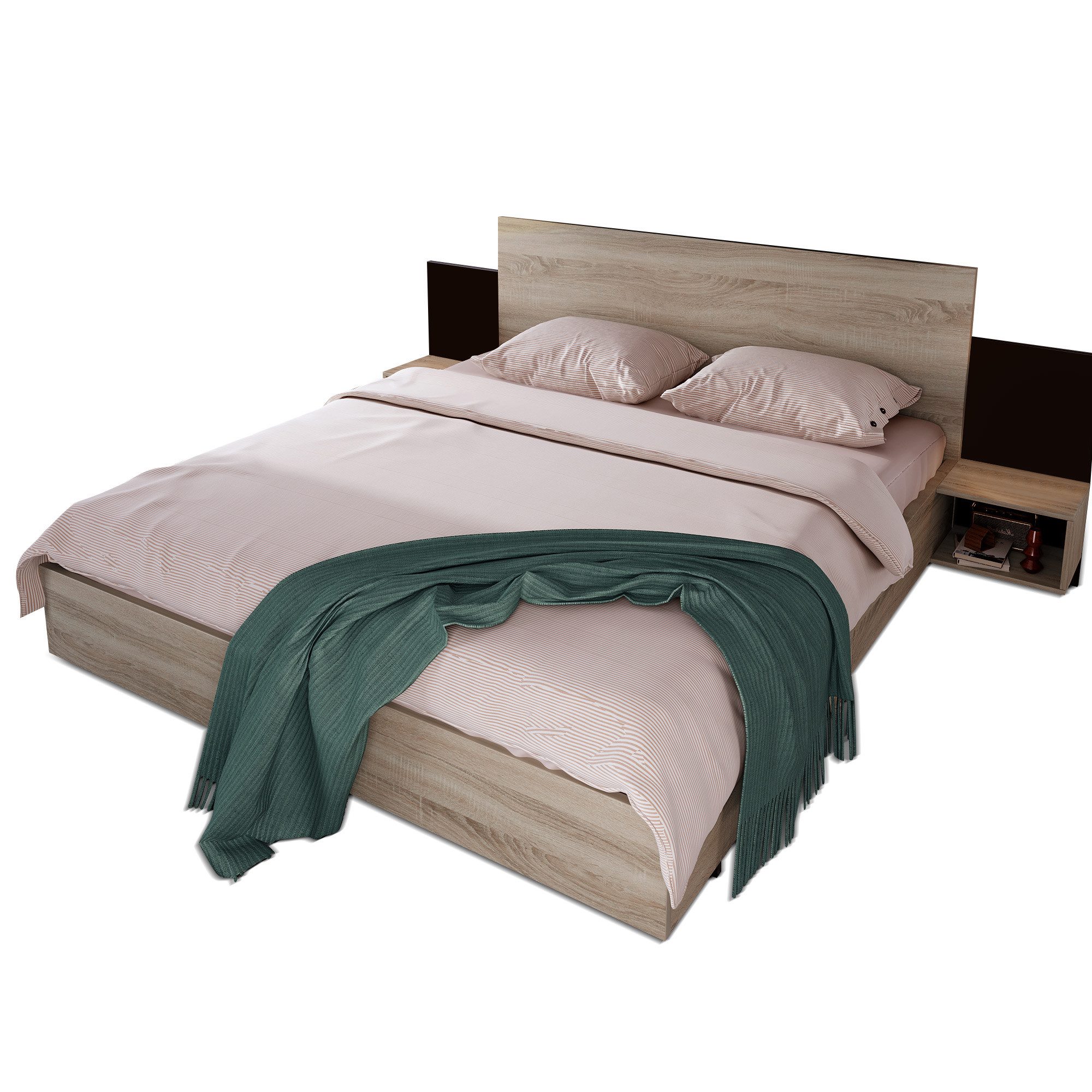 OKWISH Holzbett Natur Bett Solide (160x200cm mit Lattenrost ohne Matratze), mit 2 Nachtkommoden Modernes Bett inkl