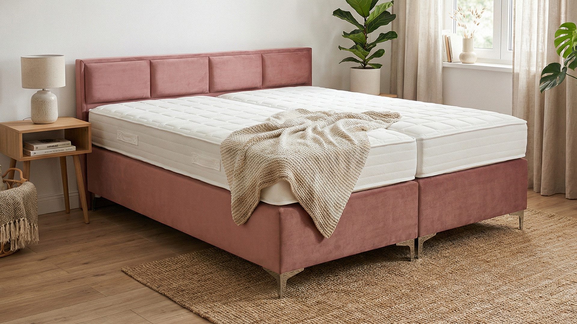 PAARA Boxspringbett mit niedrigem Kopfteil mit Matratze mit integrierten Topper, mit innovativem Belüftungssystem