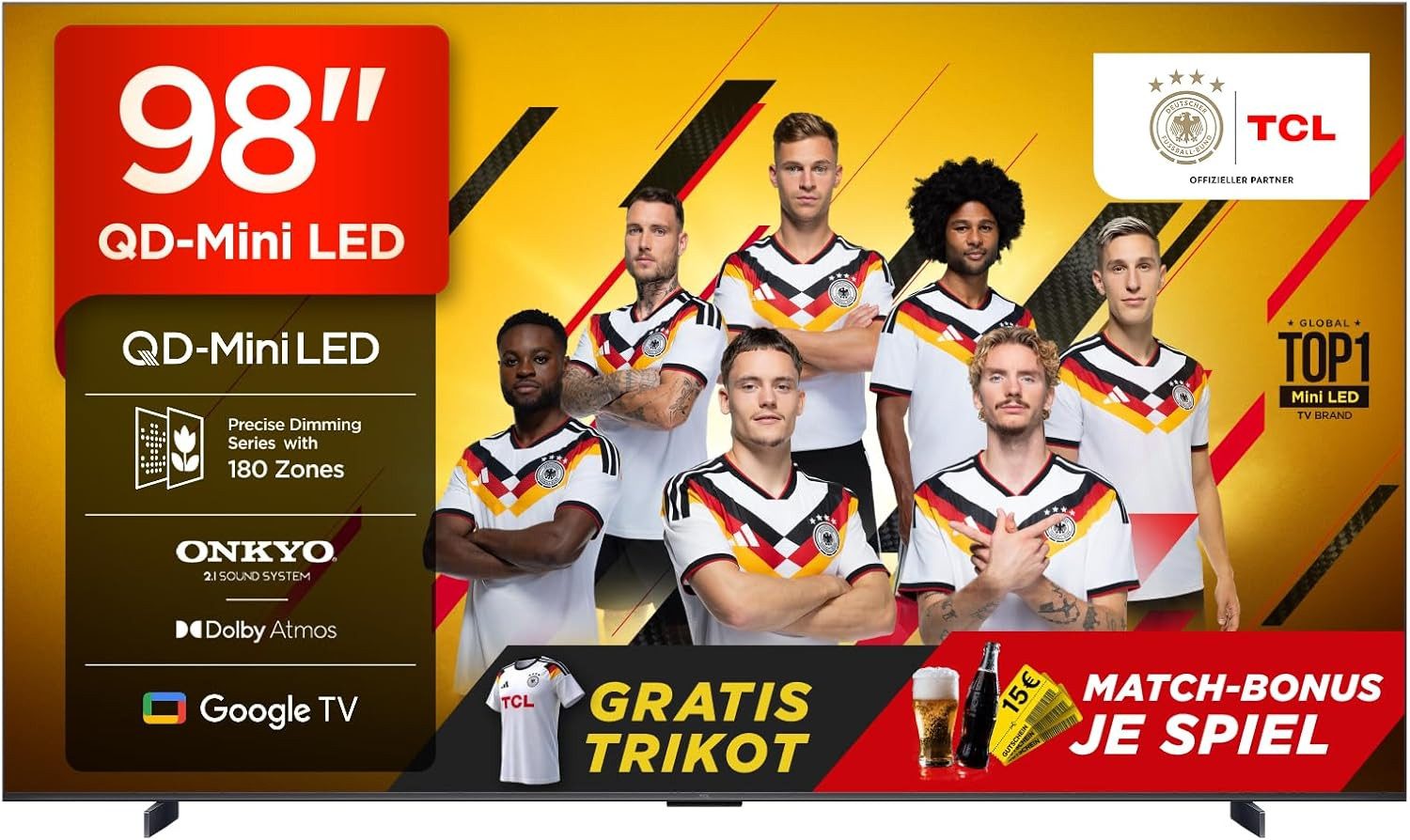 TCL 98Q6CX7 Mini-LED-Fernseher (248 cm/98 Zoll, 4K Ultra HD, Smart-TV, Google TV, 4K Multi-HDR Dolby Vision, 144Hz, ONKYO Dolby Atmos, Apple Airplay 2)