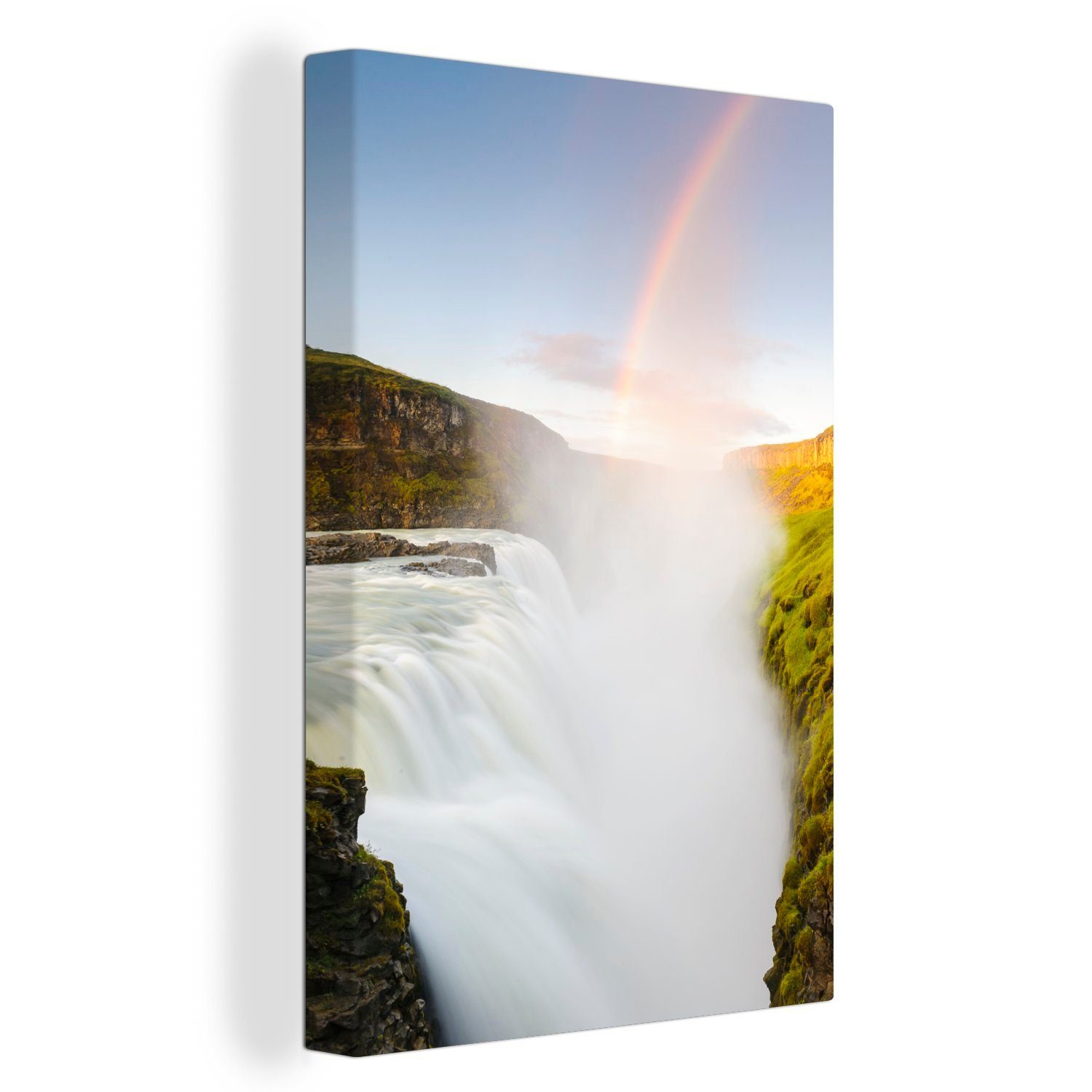 Ein über Gemälde, in Leinwandbild Island, (1 bespannt Gullfoss-Wasserfall inkl. Zackenaufhänger, cm OneMillionCanvasses® Regenbogen St), fertig Leinwandbild 20x30 dem einzigartiger