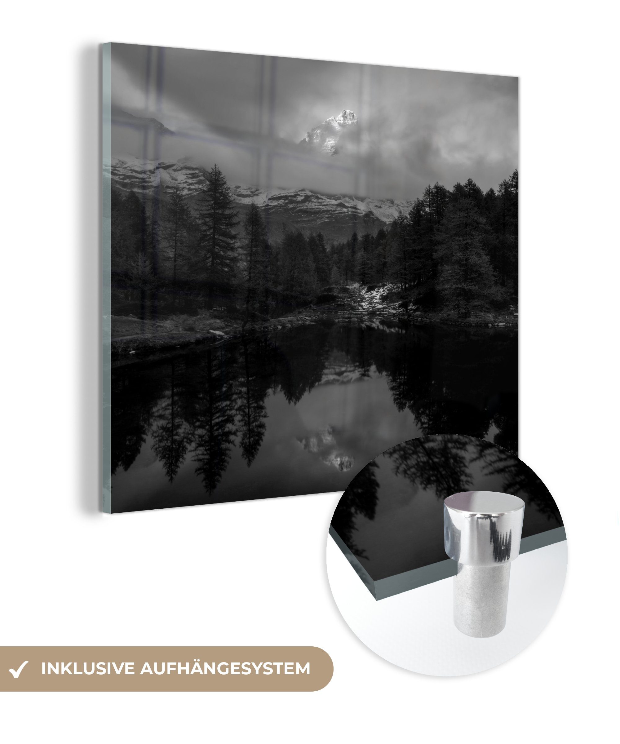 MuchoWow Acrylglasbild Matterhorn hinter Nebel in der Schweiz - schwarz und weiß, (1 St), Glasbilder - Bilder auf Glas Wandbild - Foto auf Glas - Wanddekoration