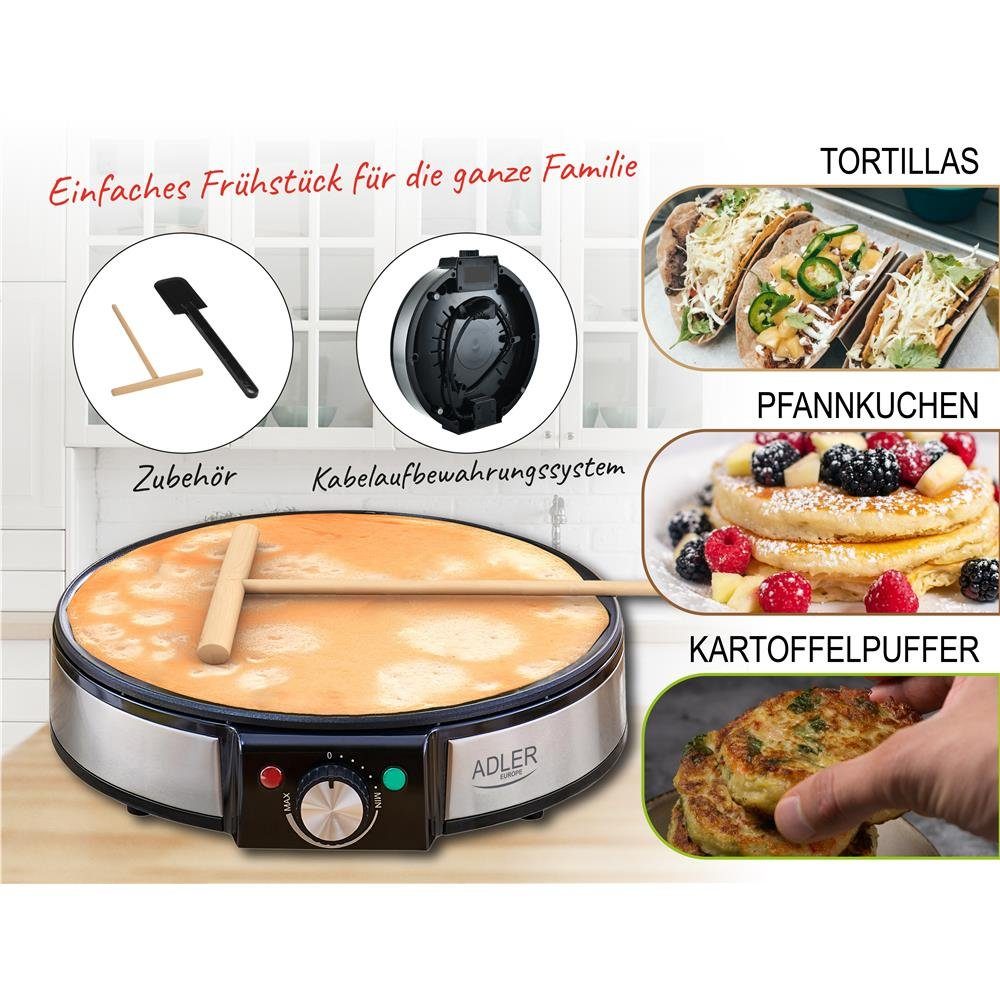 Adler Crêpesmaker AD 3058 Crepes-Maker, 1600 W, Ø 30,00 cm, mit 2 Kontrollleuchten für Leistung und Backen, Rund, Silber/Schwarz