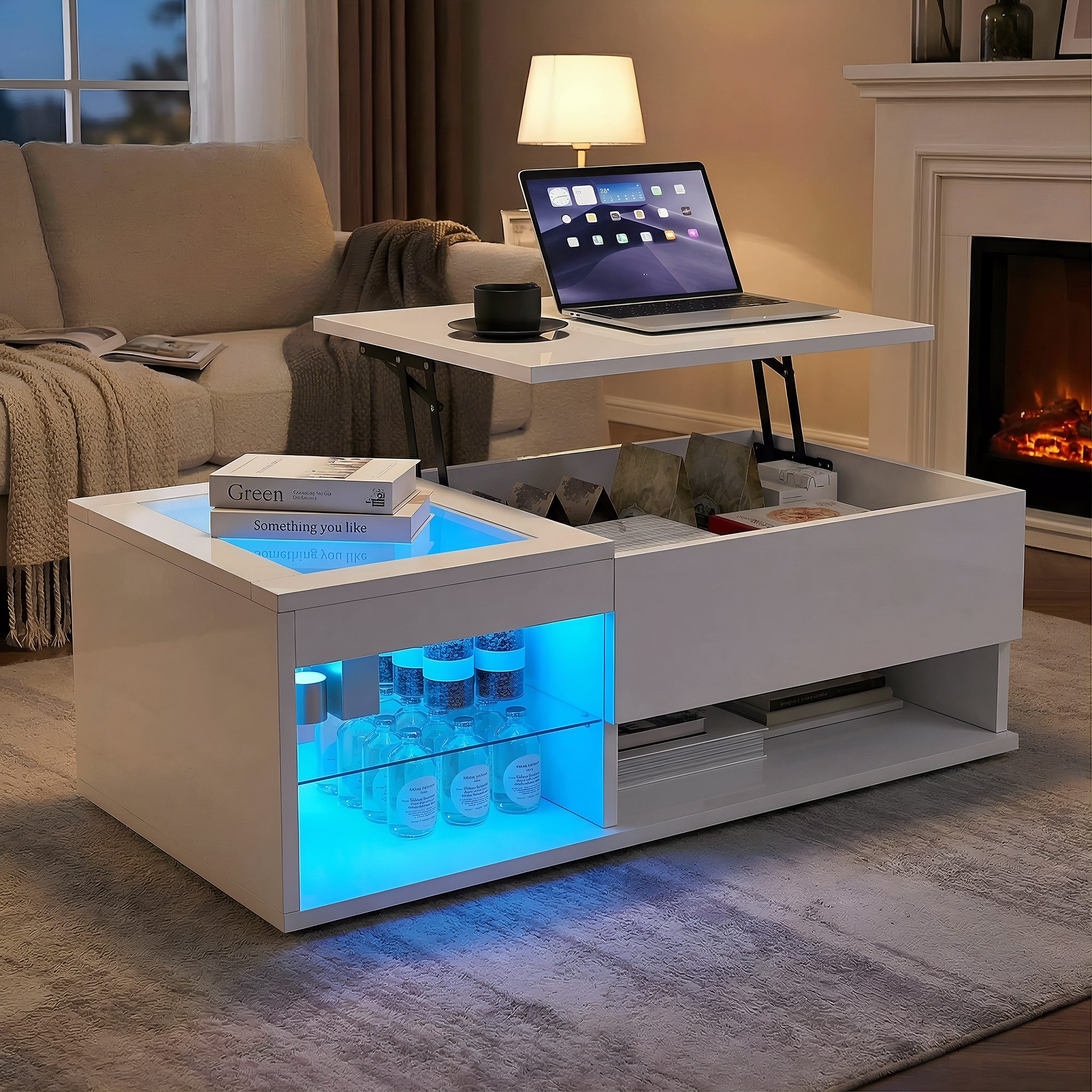 Furnishings Home Couchtisch Höhenverstellbarer LED Wohnzimmertisch Kaffeetisch (1-St., Inkl. Glastischplatte, Doppel-Hebemechanismus, Verstecktem Stauraum), mit LED-Beleuchtung, Aufklappbar