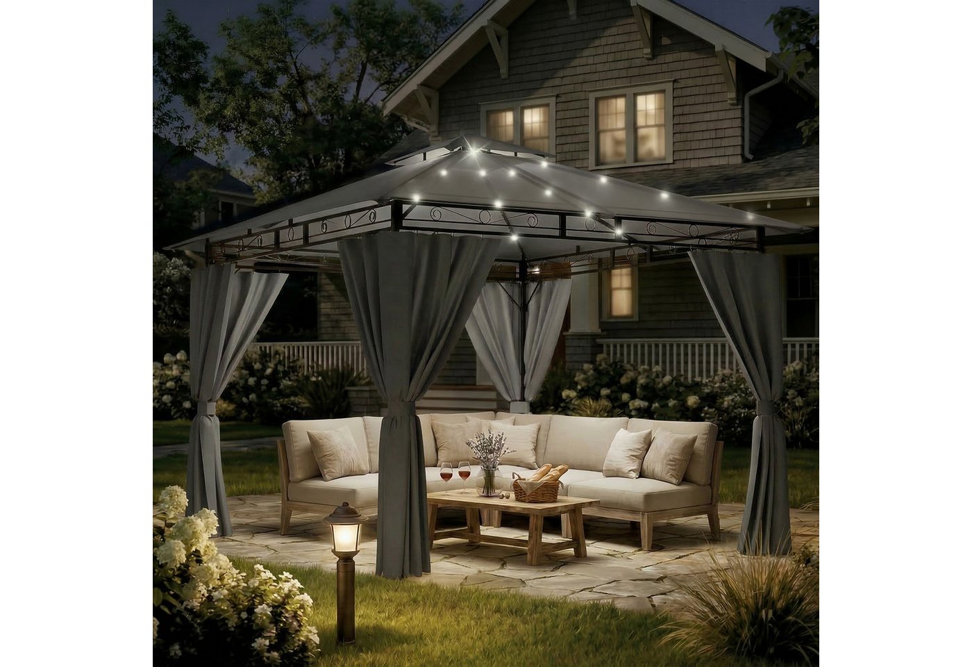 GUNJI Pavillon 300x300/400/600, UV-Schutz 50+, mit integrierter LED-Beleuchtung, (Mit LED-Beleuchtung, mit 4 Seitenwänden, geeignet für Feste, Veranstaltungen, Partys, bietet Platz für 4-10 Personen, grau), Doppelwandiges Gratenpavillon, mit abnehmbaren S
