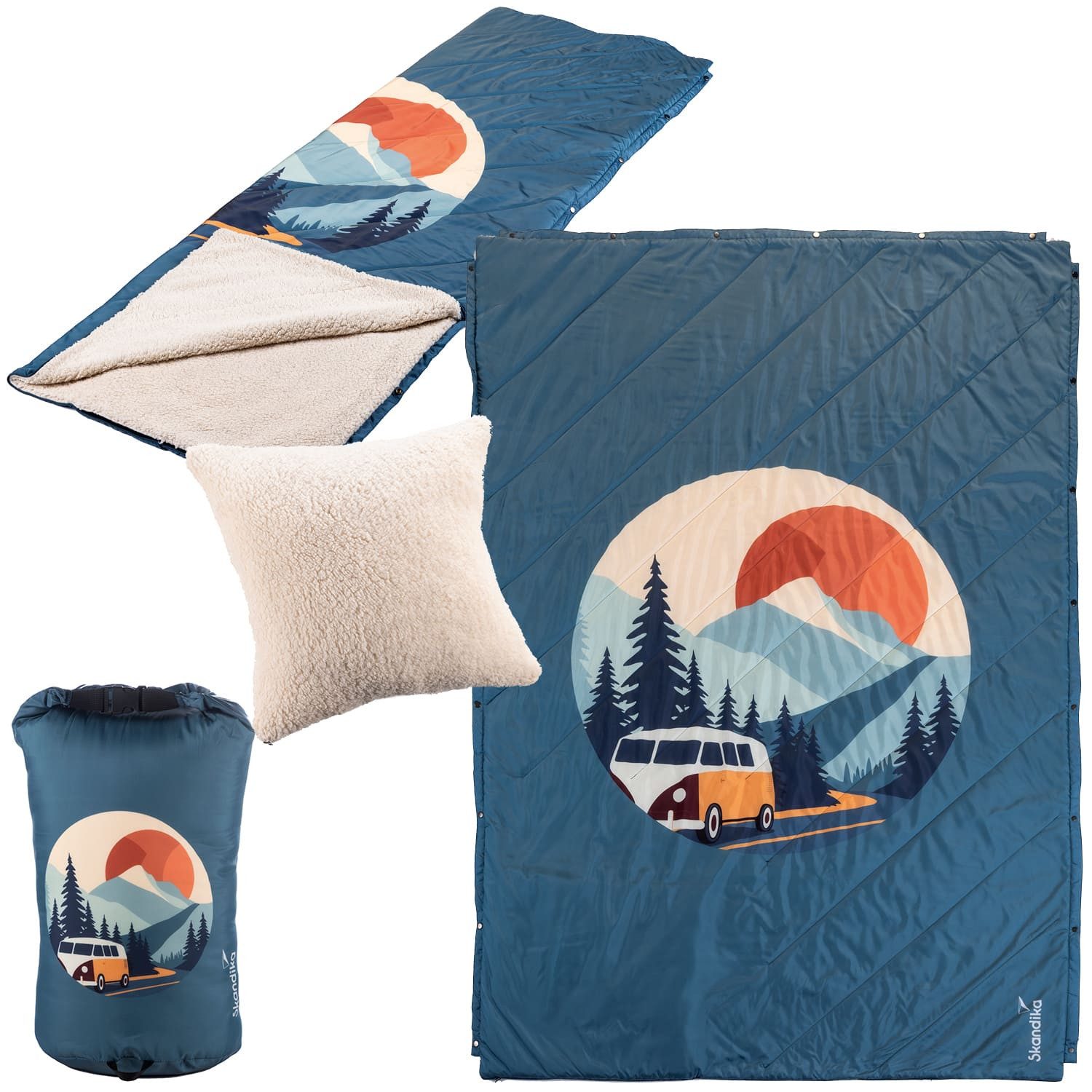 Skandika Deckenschlafsack Campingdecke Liva, 4-in-1, Outdoor Decke, 200x135cm, Überwurf, Kissen, mit Teddyfell oder Nylon Unterseite, Polyester, wasserdicht