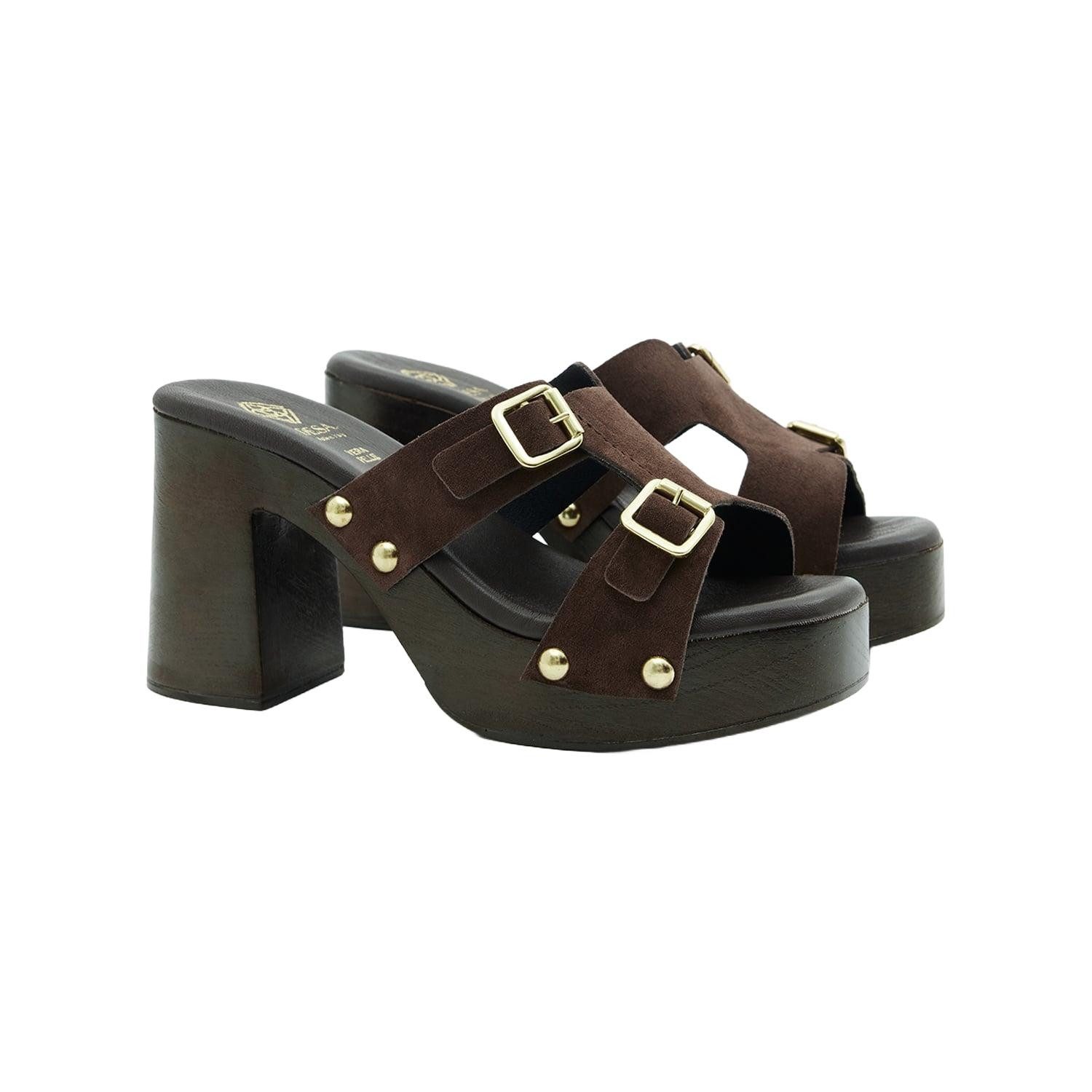 Desa DESA Damen-Plateausandalen aus Wildleder mit Doppelschnalle Mules