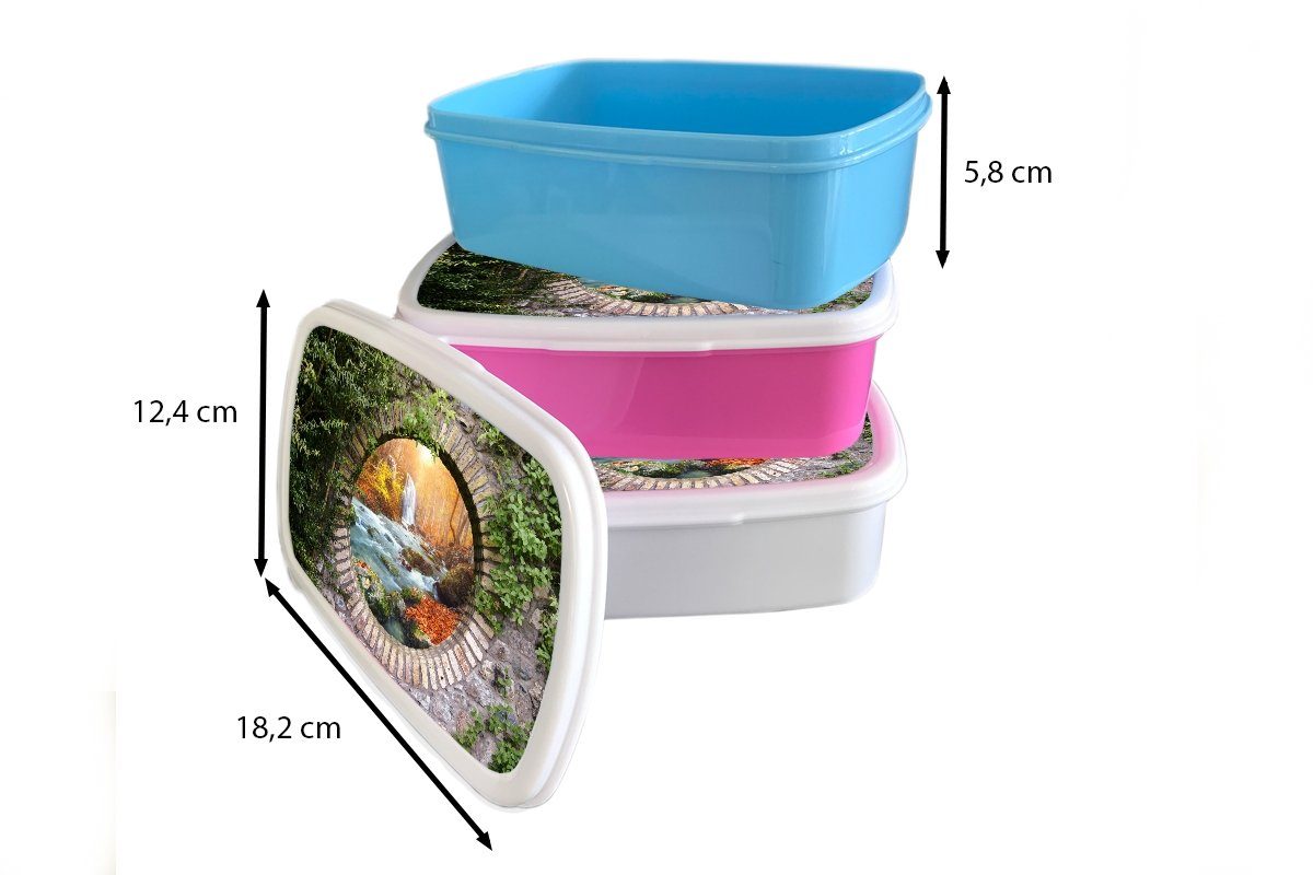 Mädchen, Herbst - Snackbox, Kunststoff (2-tlg), - - Kinder, Natur Brotbox Wasserfall Aussicht, Kunststoff, Brotdose für Lunchbox Erwachsene, rosa MuchoWow