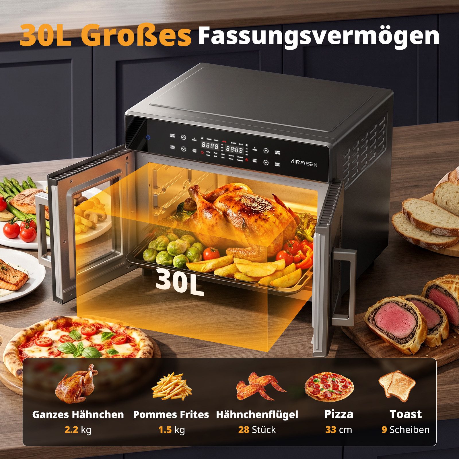 Airmsen Minibackofen 30L XL Heißluftfritteuse mit Doppeltür,2400W Minibackofen Umluft, 10 voreingestellte Programme,Smartes Zwei-Zonen-Garen,15 Zubehör – Bild 4 von 5