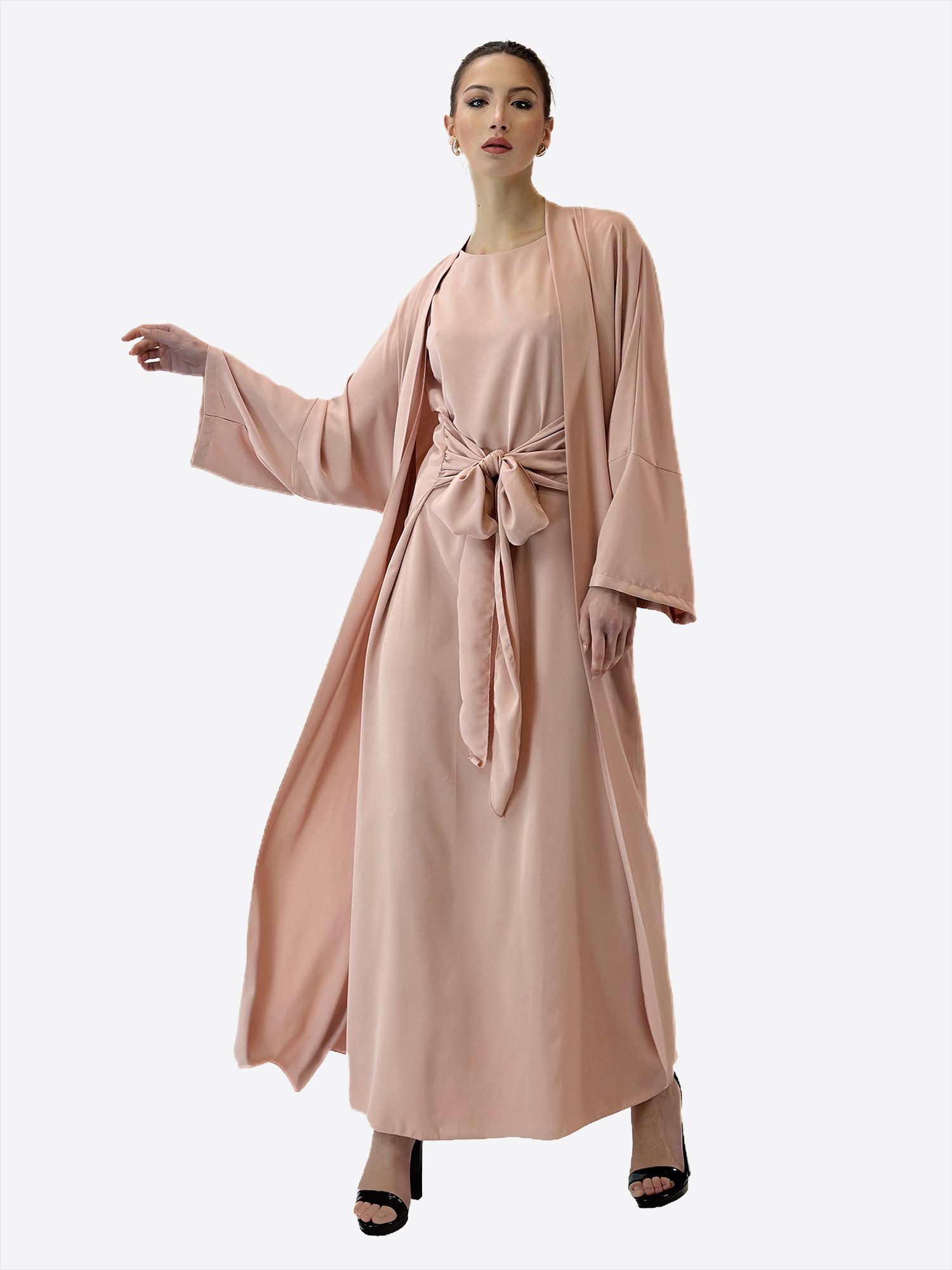Elara Maxikleid — Abaya Set One Size – Unterkleid & Cardigan mit Bindeschleife (2-tlg)