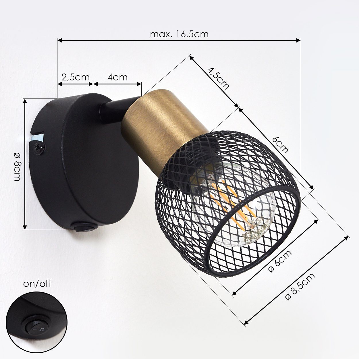 hofstein Wandleuchte gold, E14, Zimmerlampe, Leuchtenkopf Metall Leuchtmittel, ist schwenkbar aus schwarz Wandlampe Schalter, ohne und »Pieve«