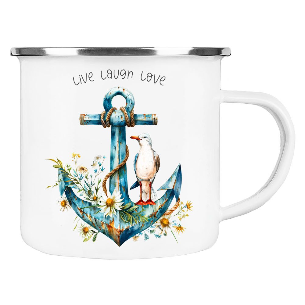 Cadouri Tasse LIVE LAUGH LOVE Camping Emaille Tasse, Campingtasse, Metall, Campingbecher, Kaffeetasse, Anker, maritim, Geschenk, 300 ml