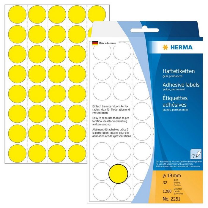 HERMA Formularblock HERMA Vielzwecketiketten gelb 19 mm rund Papier 1280 St.