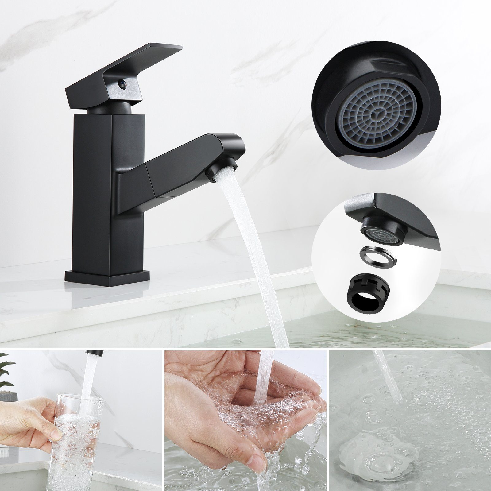 Wasserhahn Badarmatur Waschbecken Waschtischarmatur mit Auralum Brause Schwarz Ausziehbar Mischbatterie