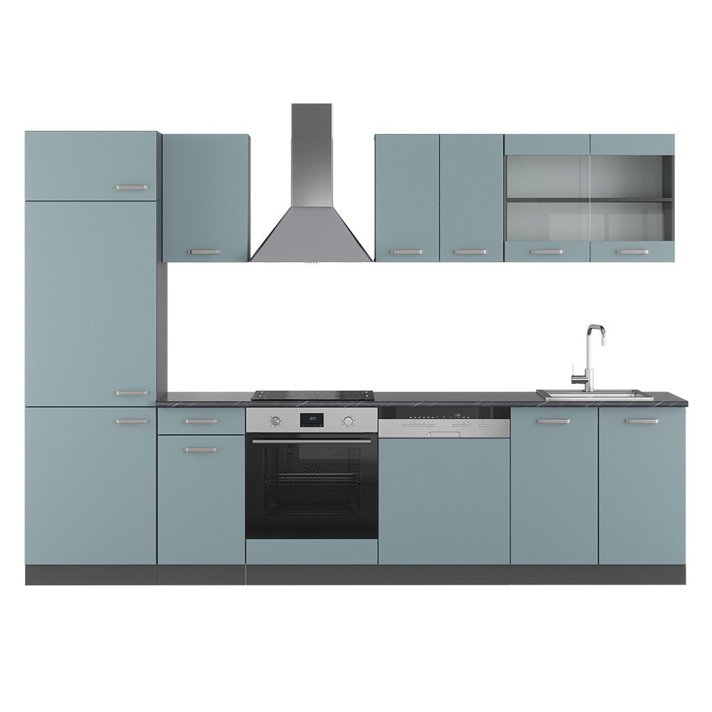 Vicco Küchenzeile R-Line, Blau-Grau/Anthrazit, 300 cm, AP Eiche