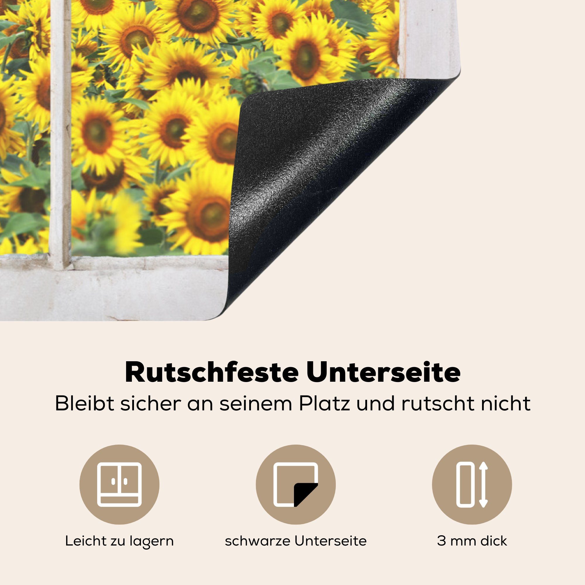 Schutz Induktionskochfeld die cm, Herdblende-/Abdeckplatte Gelb, für Sonnenblume MuchoWow Ceranfeldabdeckung - Vinyl, tlg), (1 Transparent - küche, 81x52
