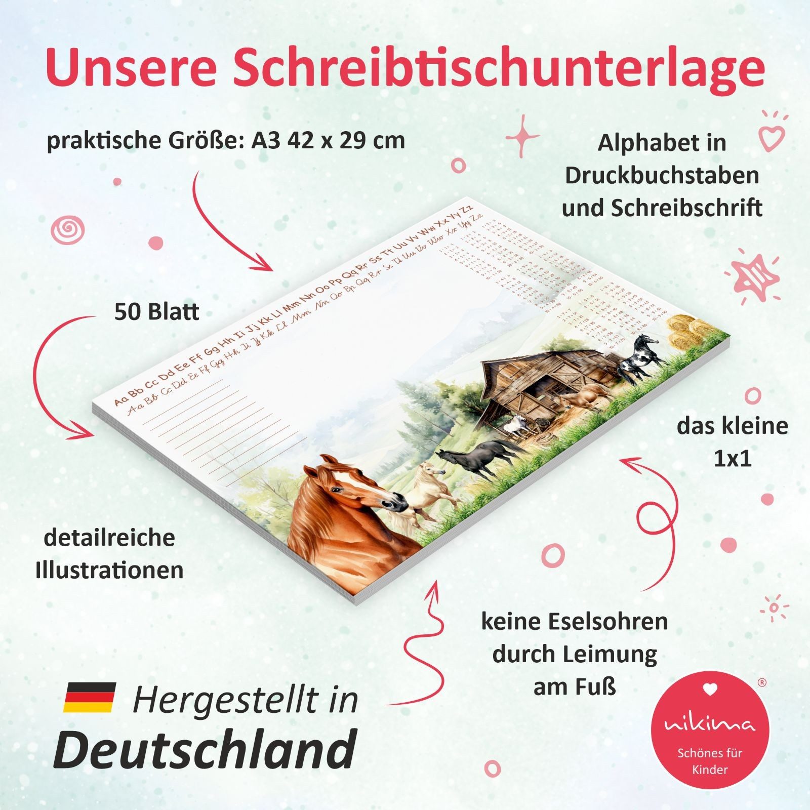 nikima Schreibtischunterlage A3 Schreibtischunterlage Pferde Pony mit kleinem 1x1 Papier 50 Blatt – Bild 2 von 5