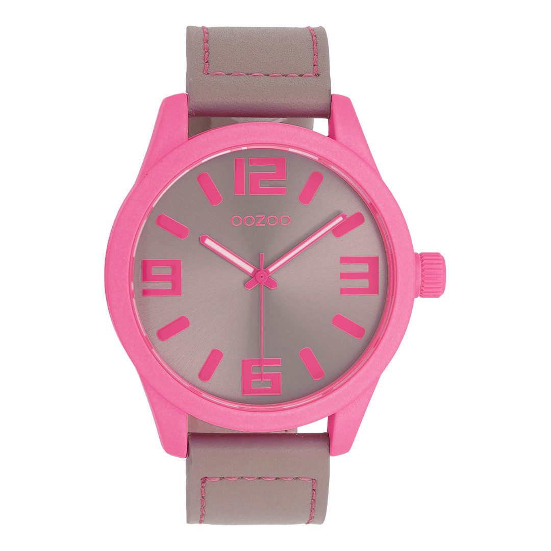 OOZOO Quarzuhr XXL Armbanduhr C0906 Damen 46 mm taupe pink Lederband
