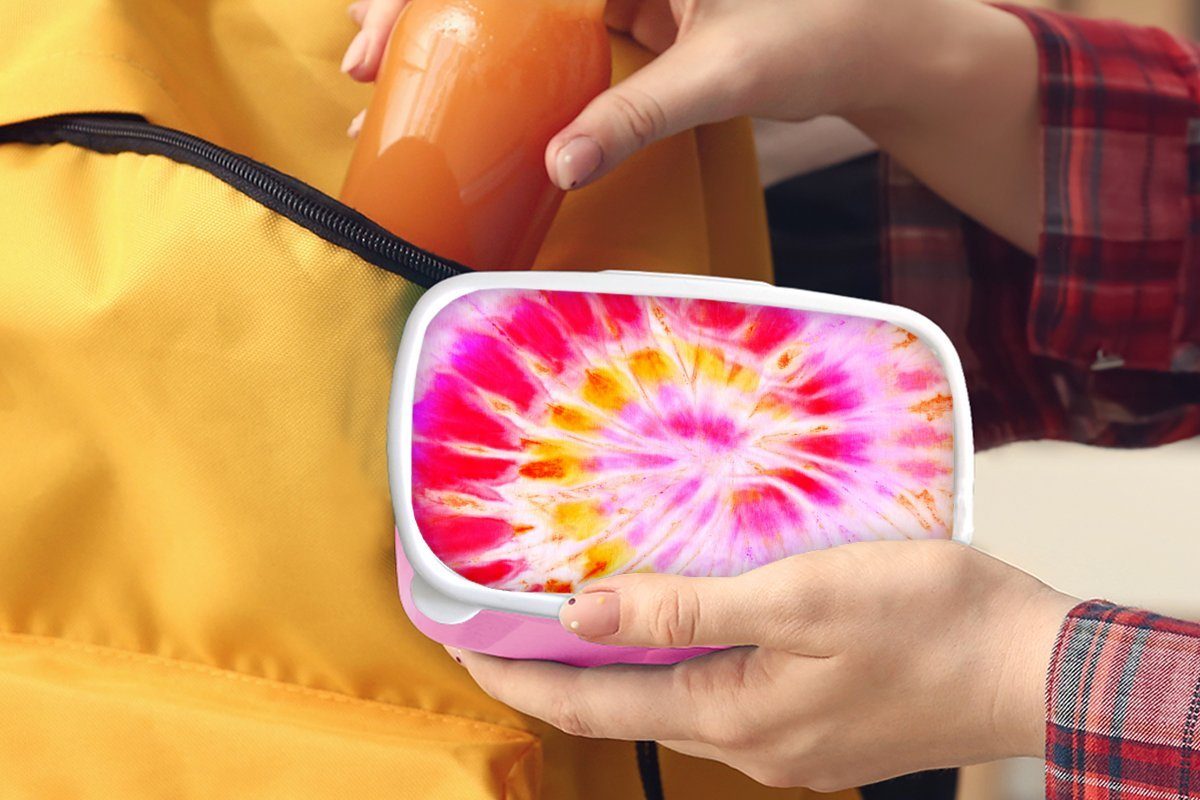 MuchoWow Lunchbox Sommer - Krawattenfärbung Snackbox, Mädchen, Kunststoff Brotbox (2-tlg), Kinder, rosa Kunststoff, Erwachsene, für - Farben, Brotdose