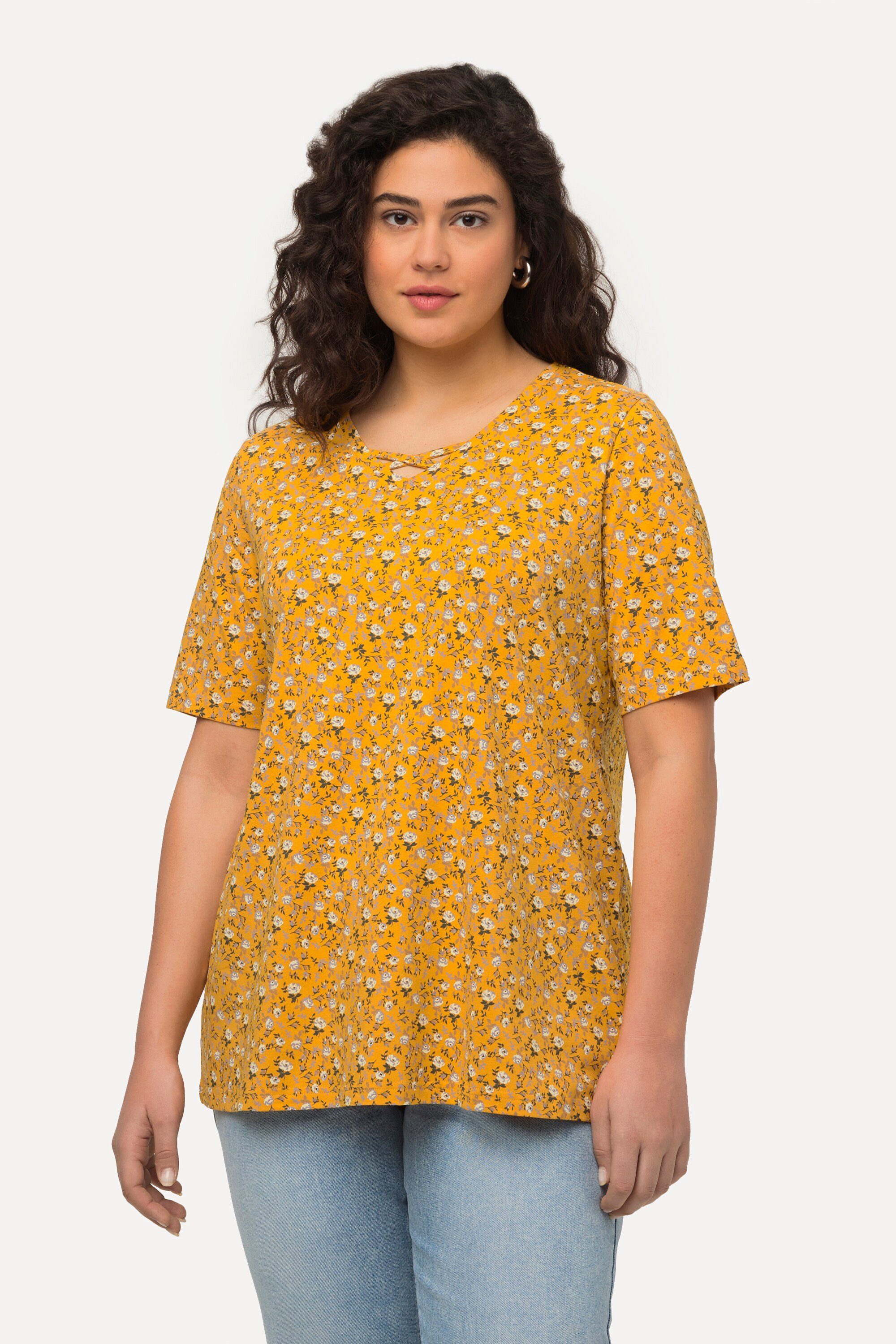 Ulla Popken Rundhalsshirt T-Shirt Blüten A-Linie V-Ausschnitt Halbarm orange-gelb