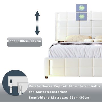 OKWISH Polsterbett Funktionsbett Doppelbett Kinderbett Jugendbett Gästebett (hautfreundliches Leinen gepolstert flaches, mit LED-Lichtsteckdose 4 Schubladen 140*200cm), Ohne Matratze