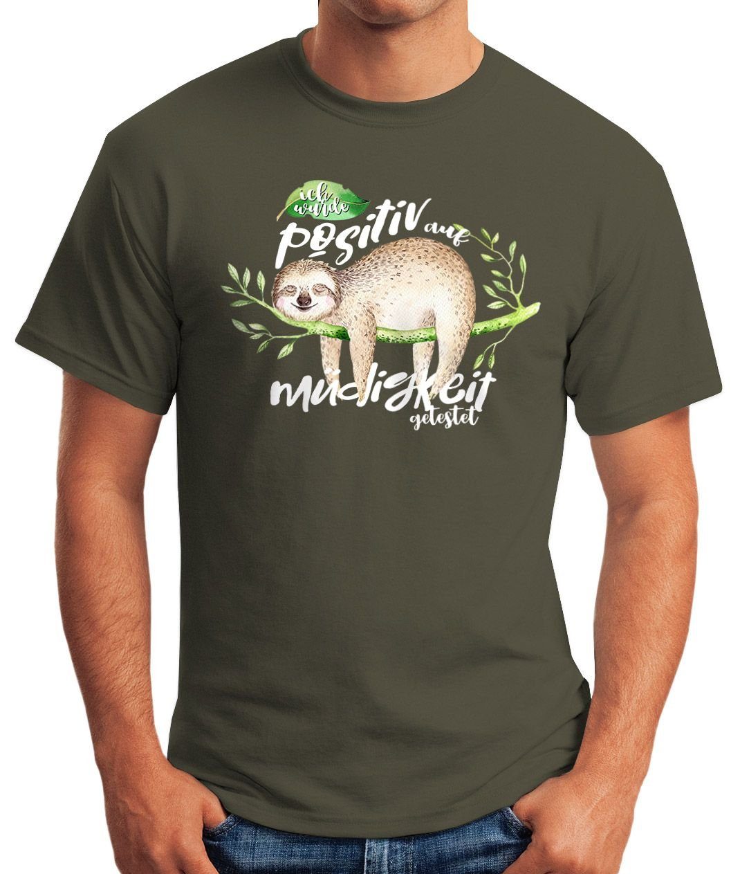 Fun-Shirt Herren Sloth MoonWorks lustig Print grün Müdigkeit Print-Shirt T-Shirt Ich Langschläfer Faulenzer Moonworks® auf Faultier getestet mit wurde positiv
