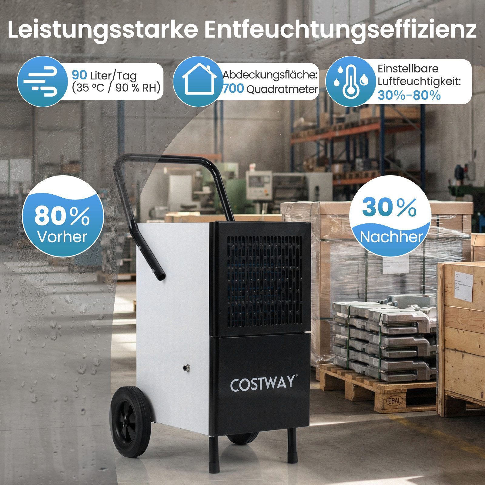 COSTWAY Luftentfeuchter, für 600 m³ Räume, Entfeuchtung 60 l/Tag, mit Pumpe