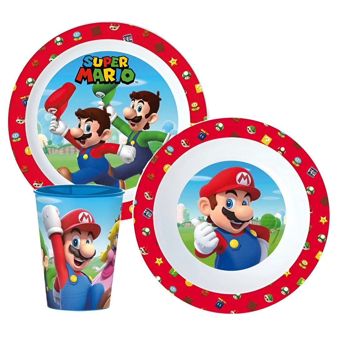 Super Mario Kindergeschirr-Set Super Mario und Luigi Kinder Geschirr-Set 3 tlg Becher Teller Schüssel (3-tlg), 1 Personen, BPA-Frei