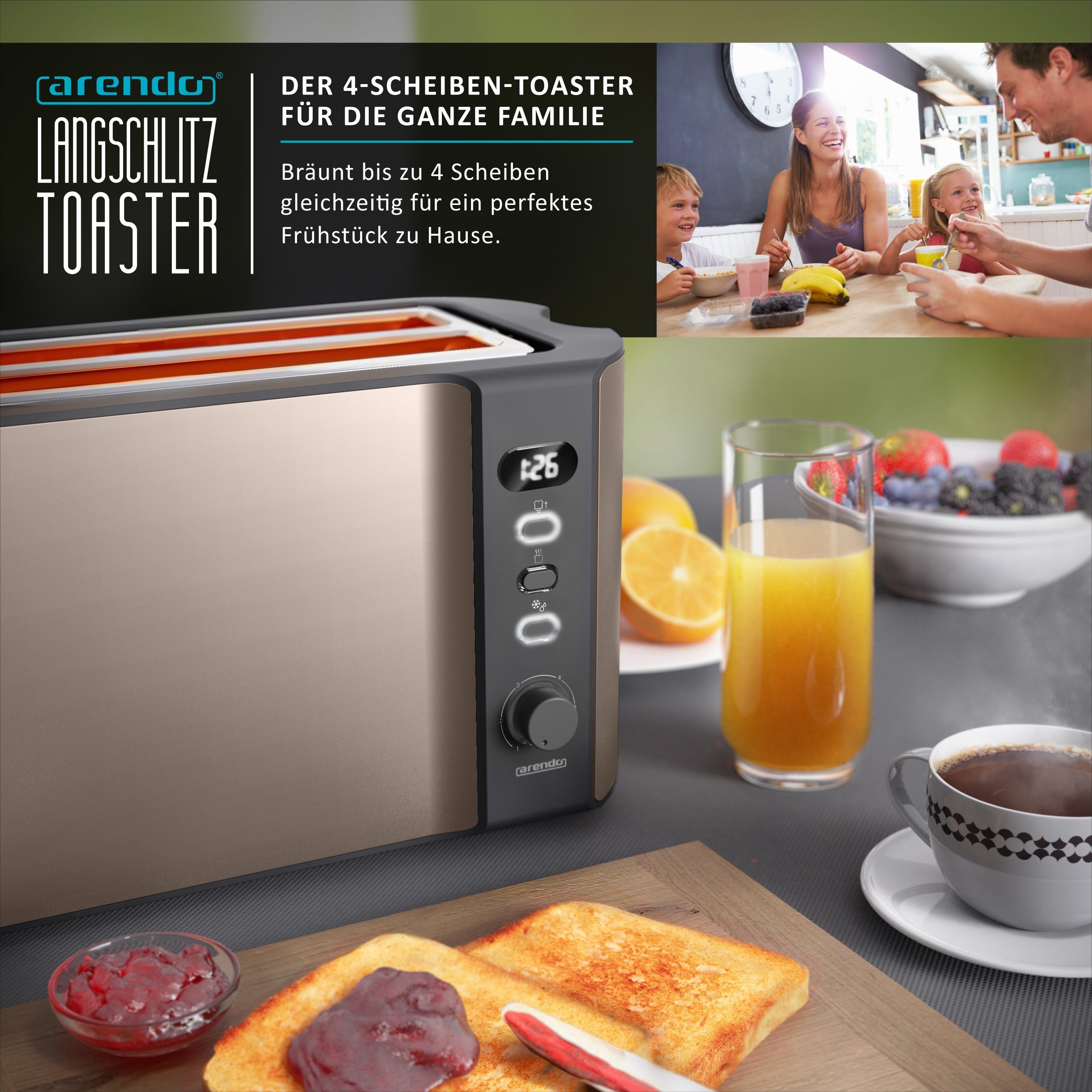 Arendo Toaster, 2 lange Schlitze, Gehäuse, für 1500 4 Langschlitz, Display Brötchenaufsatz, Wärmeisolierendes Scheiben, W, bronze
