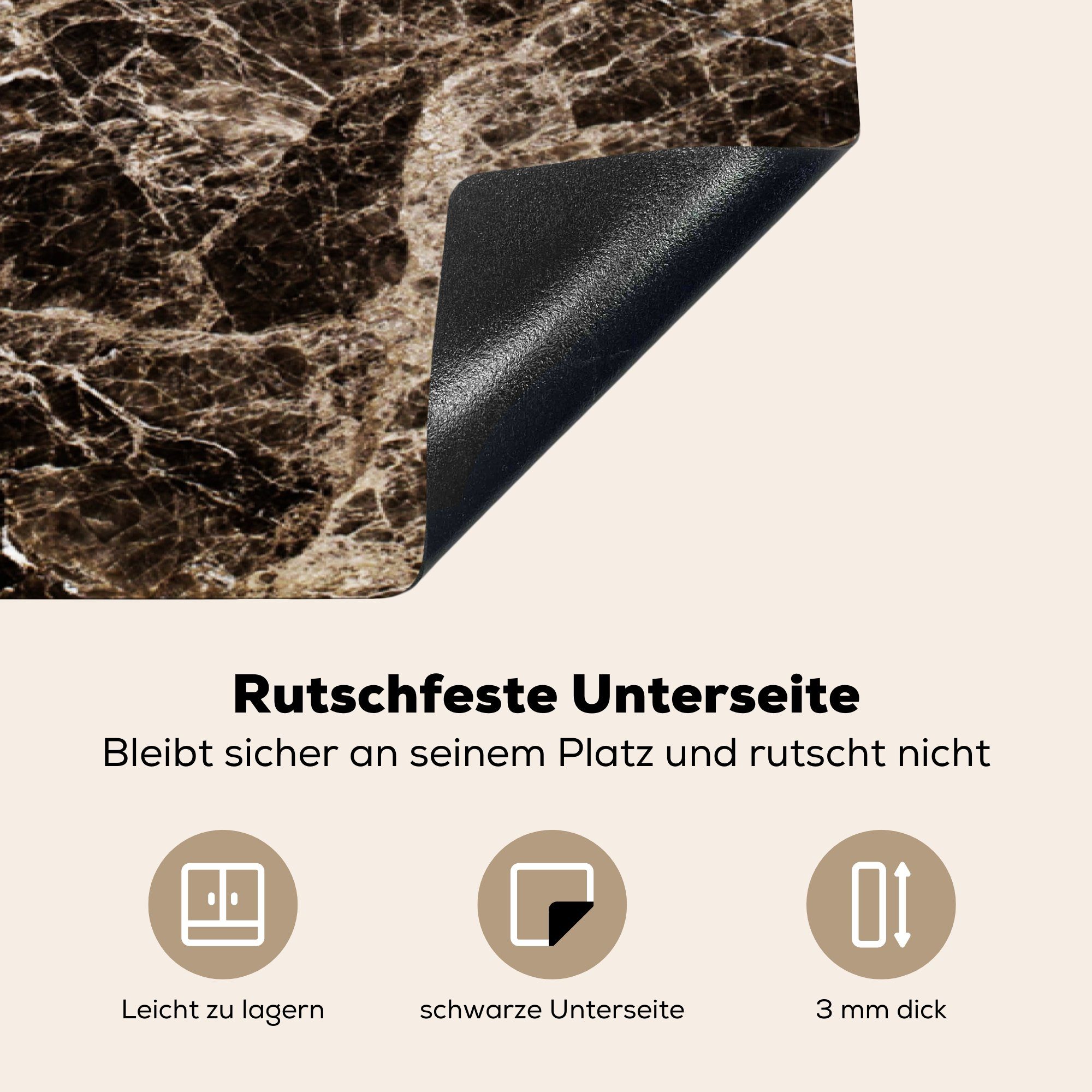 Klassisch, (1 cm, Schwarz Vinyl, 78x78 Braun Ceranfeldabdeckung, für Marmor - MuchoWow tlg), Herdblende-/Abdeckplatte - - küche Arbeitsplatte