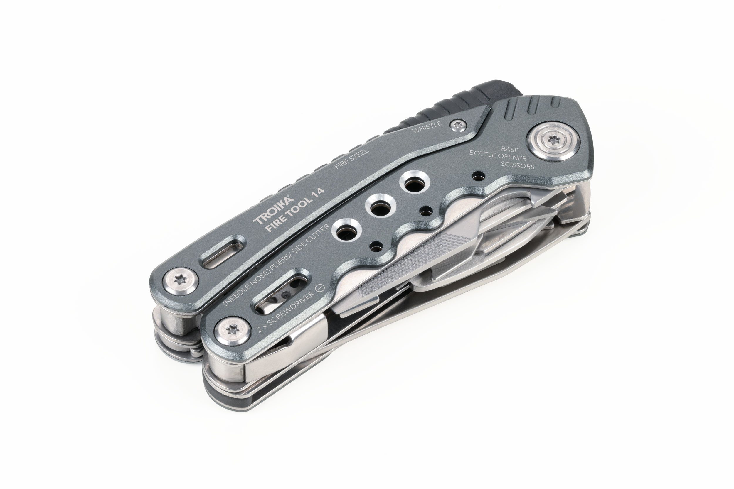 TROIKA Multitool Multifunktionswerkzeuge aus Edelstahl, verschiedene Anwendungsgebiete, mit Karabiner, Zange, Messer & Schraubendreher, 15 Funktionen, Outdoor