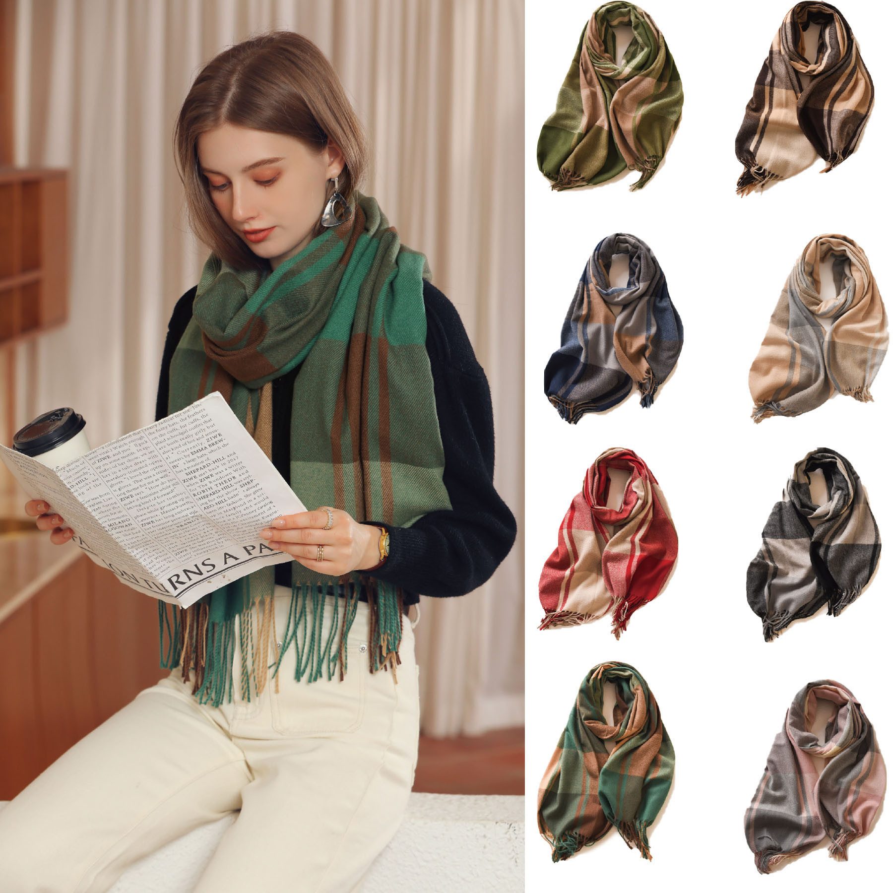Mutig Wollschal Damen Winter Senior Plaid Kaschmir Schal,übergroßer185*65cm Schal, (Tartan Schultertuch Mit Quasten,Warmer Oversized Poncho,Mischfarbe, Winter Geschenke für Mama, Freundin oder Schwester,Weihnachtsgeschenk), Aus 100 % Kaschmir-Imitat gefertigt, weich, Elegantes Karomuster