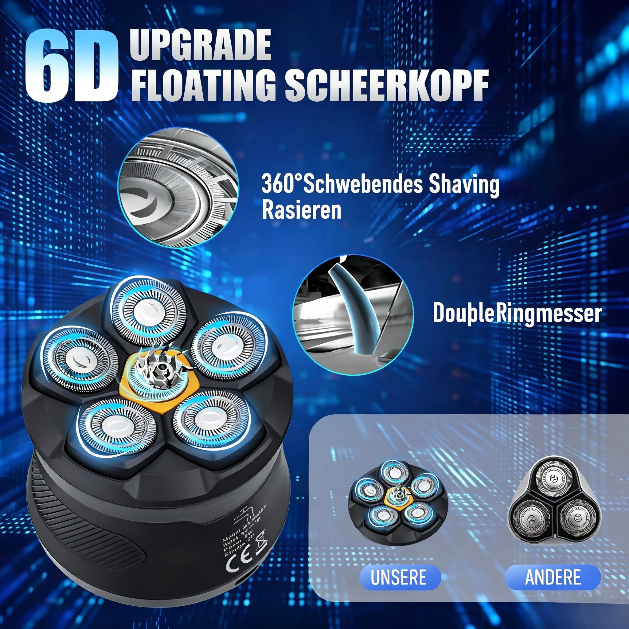 AIBISTAR Körperrasierer Elektrorasierer Rasierer 6 in 1 mit 120min Laufzeit wiederaufladbar, Magnetischer Klingenkopf,IPX7, LED Display,Wet&Dry,6-Kopf Glatzenrasierer