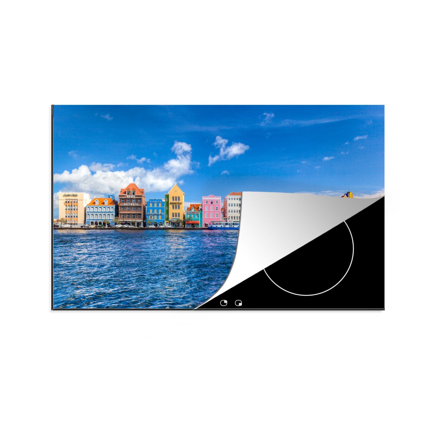 Willemstad Skyline MuchoWow tlg), (1 von küche Herdblende-/Abdeckplatte 83x51 Arbeitsplatte Curacao, Vinyl, in für Ceranfeldabdeckung, cm,