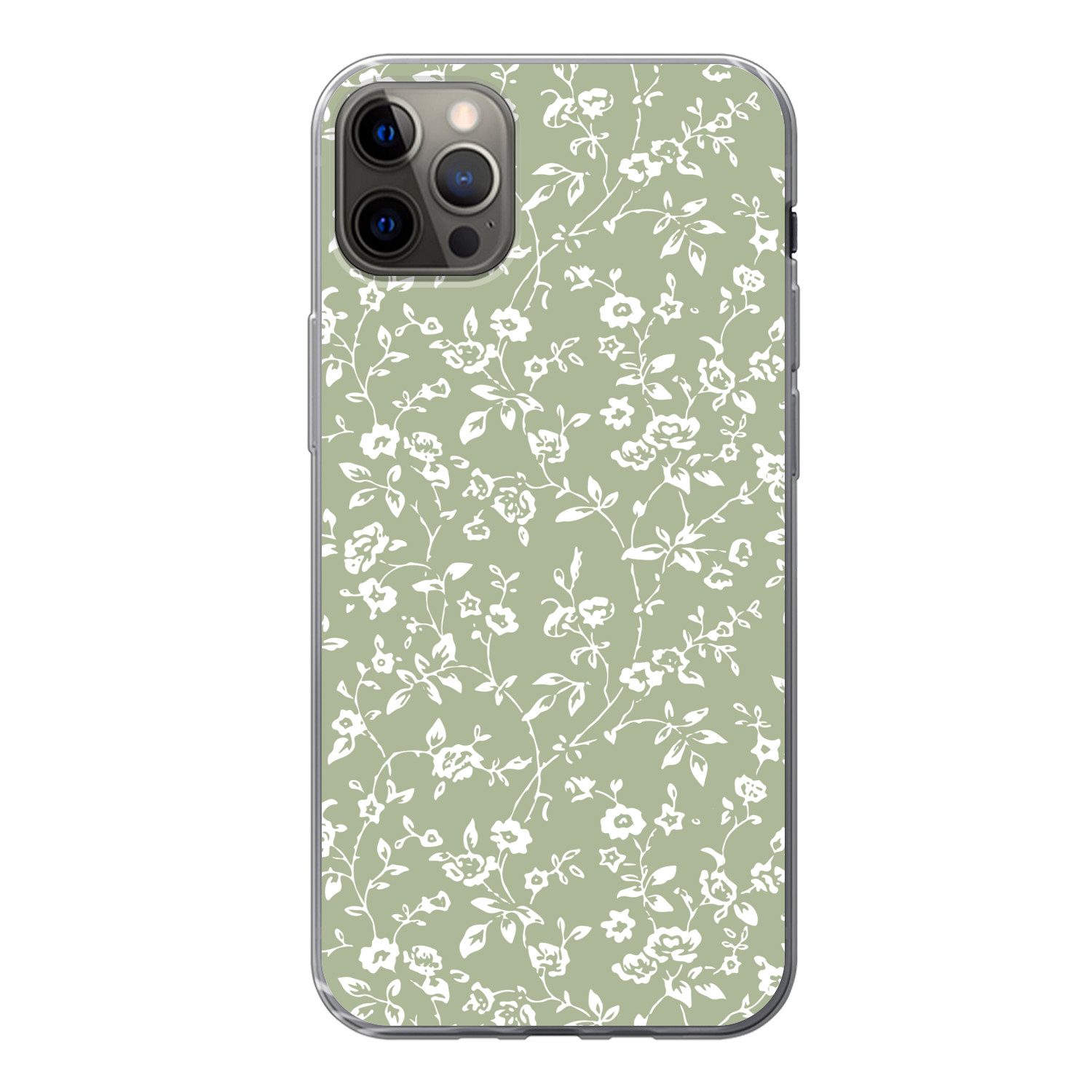 MuchoWow Handyhülle für Apple iPhone 12 Pro Max Blumen - Druck - Grün - Weiß, Smartphone-Bumper, Print, Handy Schutzhülle Dünn