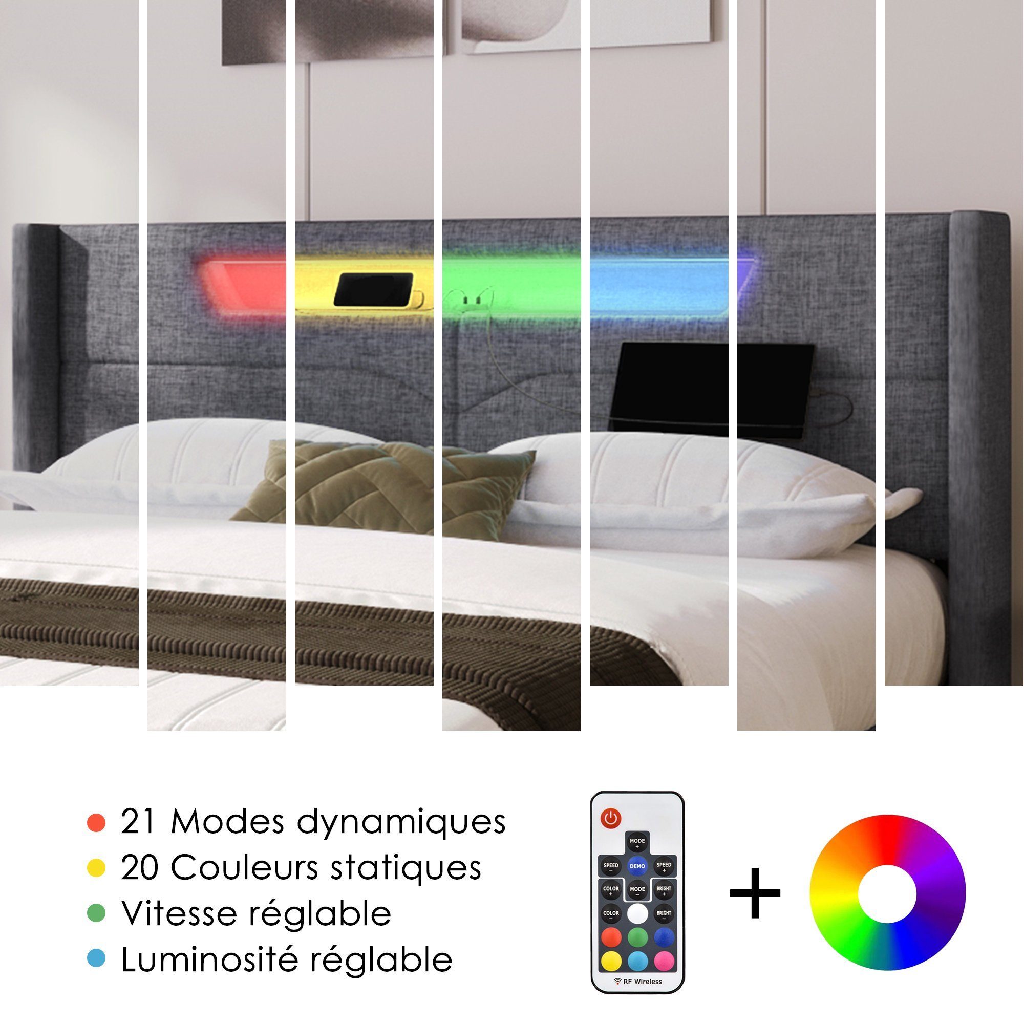 Polsterbett (Hydraulisches Bett mit Lattenrost und LED-Beleuchtung), Stauraumbett mit USB Typ C Ladefunktion Kopfteil, Leinen, 160x200cm